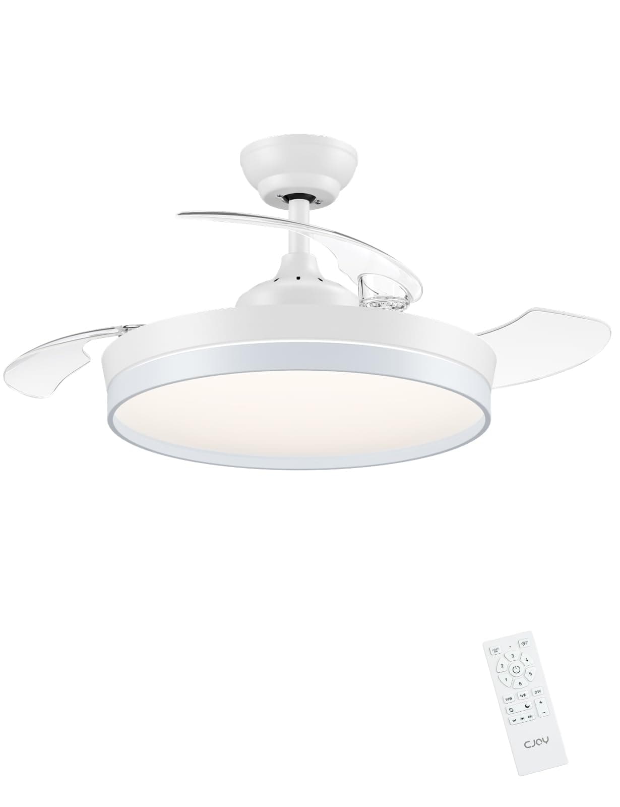 CJOY Ventilador Techo Aspas Retráctiles,107cm Ventilador de Techo con Luz y Mando Regulable, Ventiladores Techo Silencioso DC Reversible, 6 Velocidad, Memoria 3 CCT, Temporizador, Reposo Dormitorio