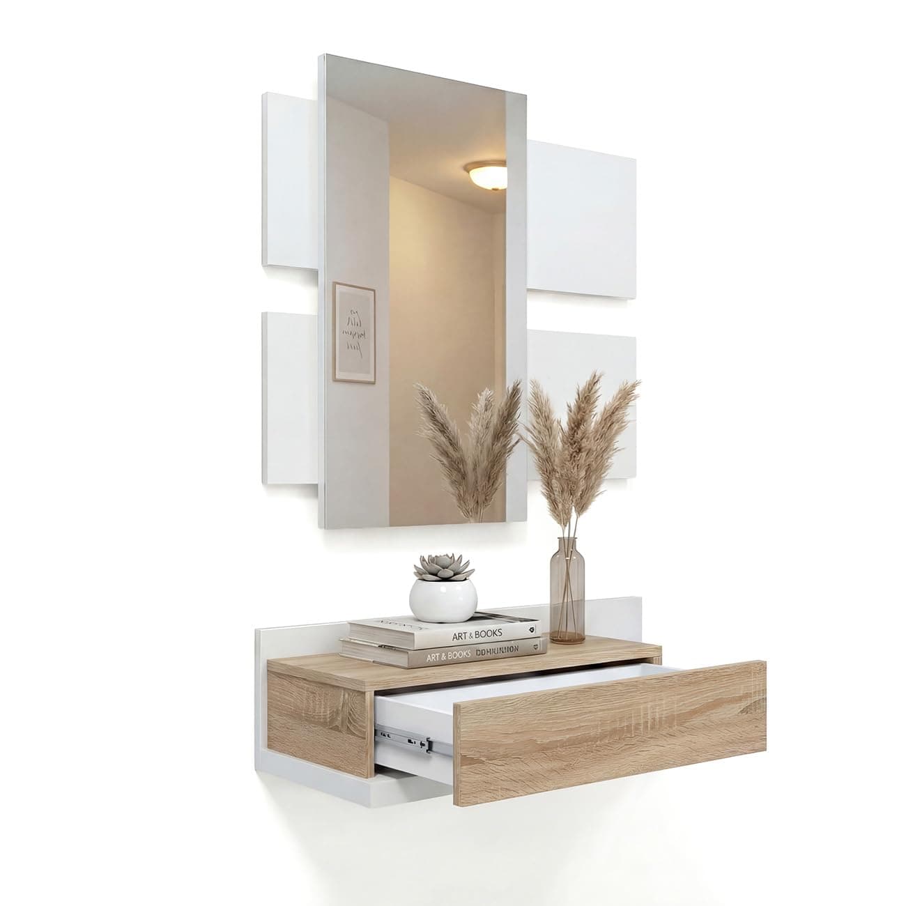 duehome | Recibidor con cajón y Espejo, Mueble de Entrada, Modelo Milo, Acabado en Blanco Artik y Roble Canadian, Medidas: 75 cm (Largo) x 29 cm (Fondo) x 116 cm (Alto)