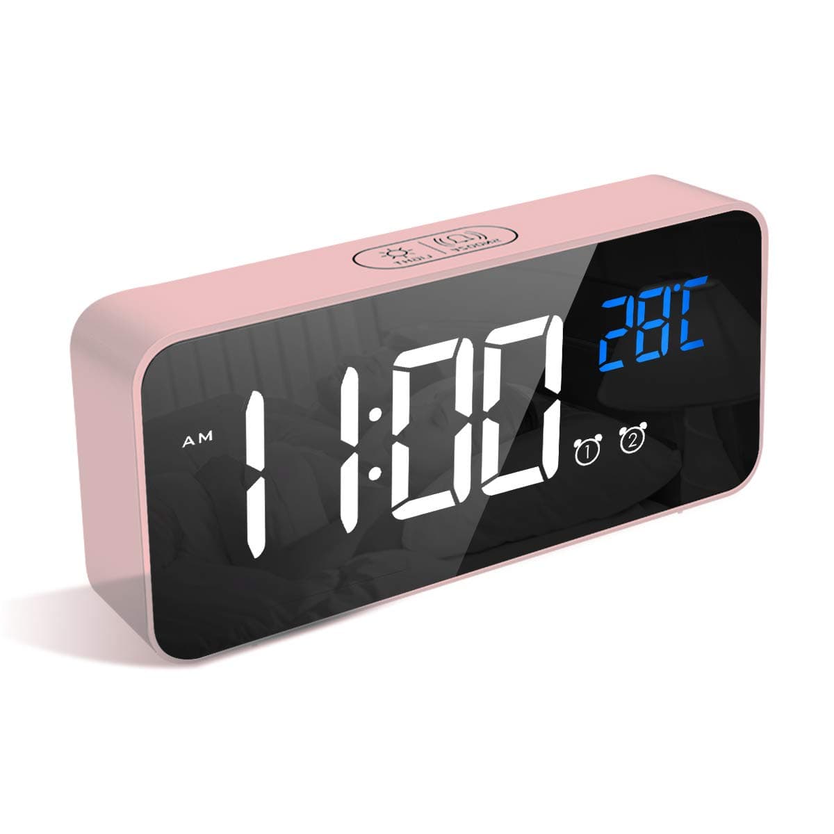 LATEC Reloj Despertador, LED Pantalla Reloj Despertador Digital con Espejo, Doble Alarma, Temperatura, Puerto de Carga USB, 10 Música, 4 Brillo Ajustable, 12/24H(Rosa)
