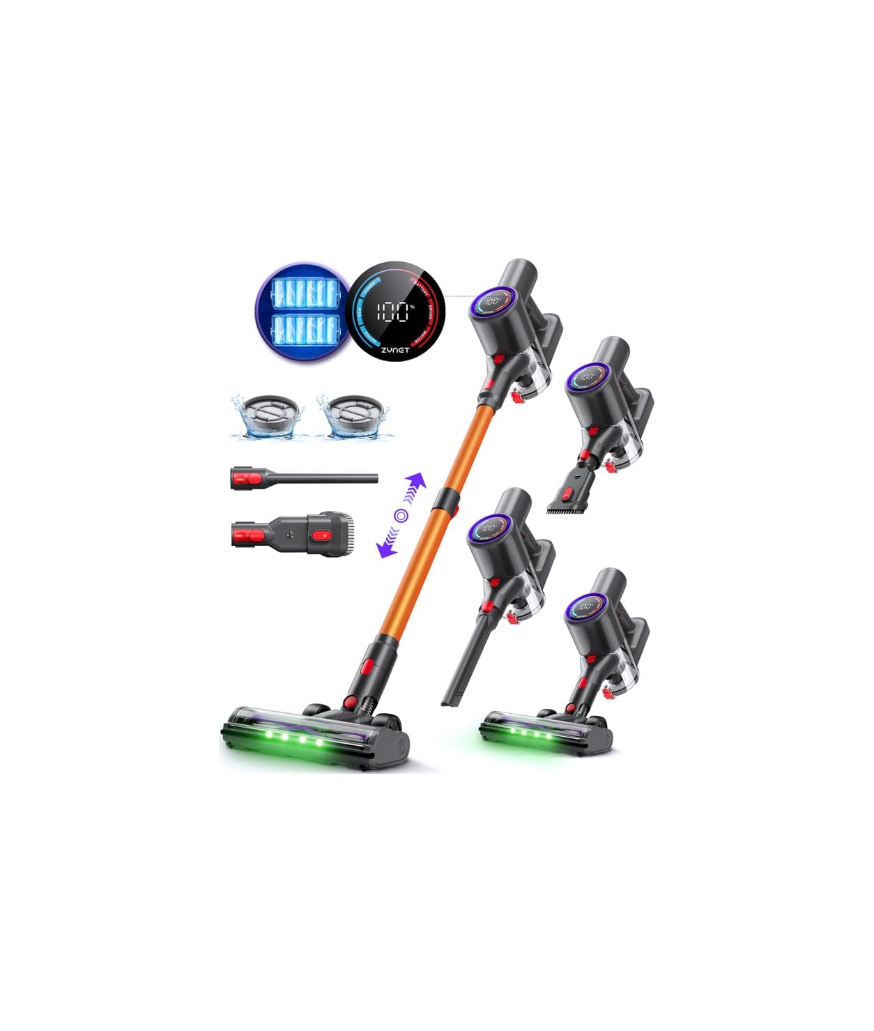 Zynet DP2 Aspirapolvere Senza Fili con Doppia Batteria, 45KPa/60Min/500W, Display LED, Asta Telescopica, Autoportante, LED Verde, Scopa Elettrica Senza Fili per Peli Di Animali/Tappeti/Pavimenti Duri