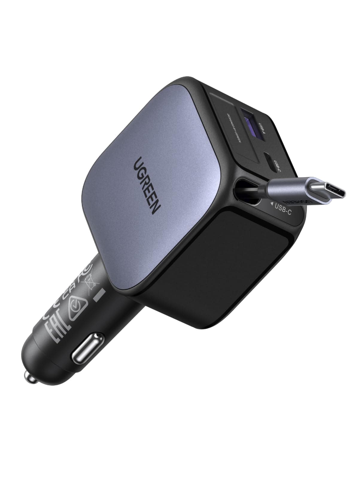 UGREEN Nexode 60W 3-Port Zigarettenanzünder USB-C Ausziehbares Auto Ladegerät 30W integriertes USB C Kabel Auto zubehör KfZ 12V Adapter für iPhone 17/16/15, iPad, Galaxy S25/24, GPS und mehr