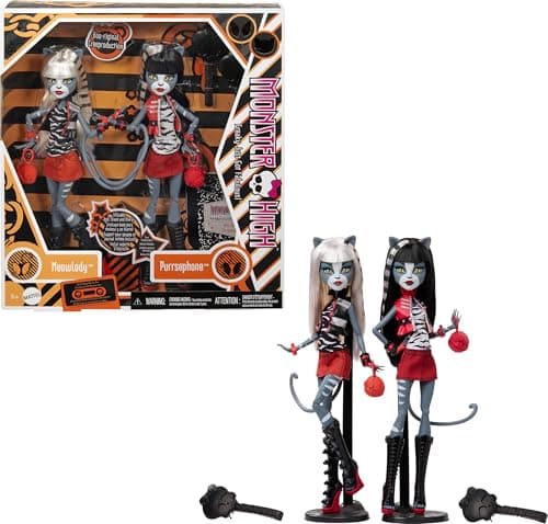 Monster High Gruselige Reproduktion der ursprünglichen Monster High-Puppe im 2er-Set, Meowlody und Purrsephone Sammelfigur-Nachbildung mit Puppenständer und Tagebuch, HYV88