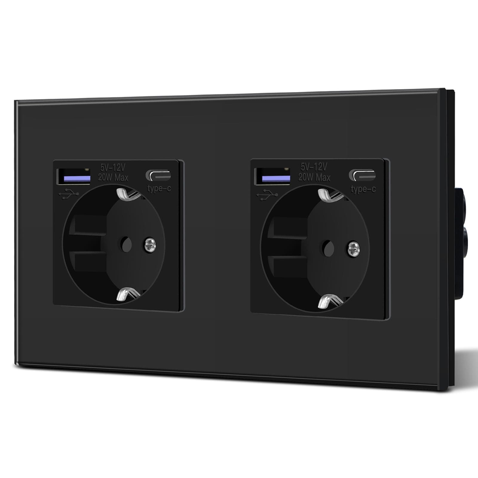 BSEED Steckdose aus Glas mit 20W USB C, Schnellladegerät Wandsteckdose, 3 in 1 Unterputz Steckdosen, Einfache Installation, 240V 16A, 157mm 2 Fach Schwarz