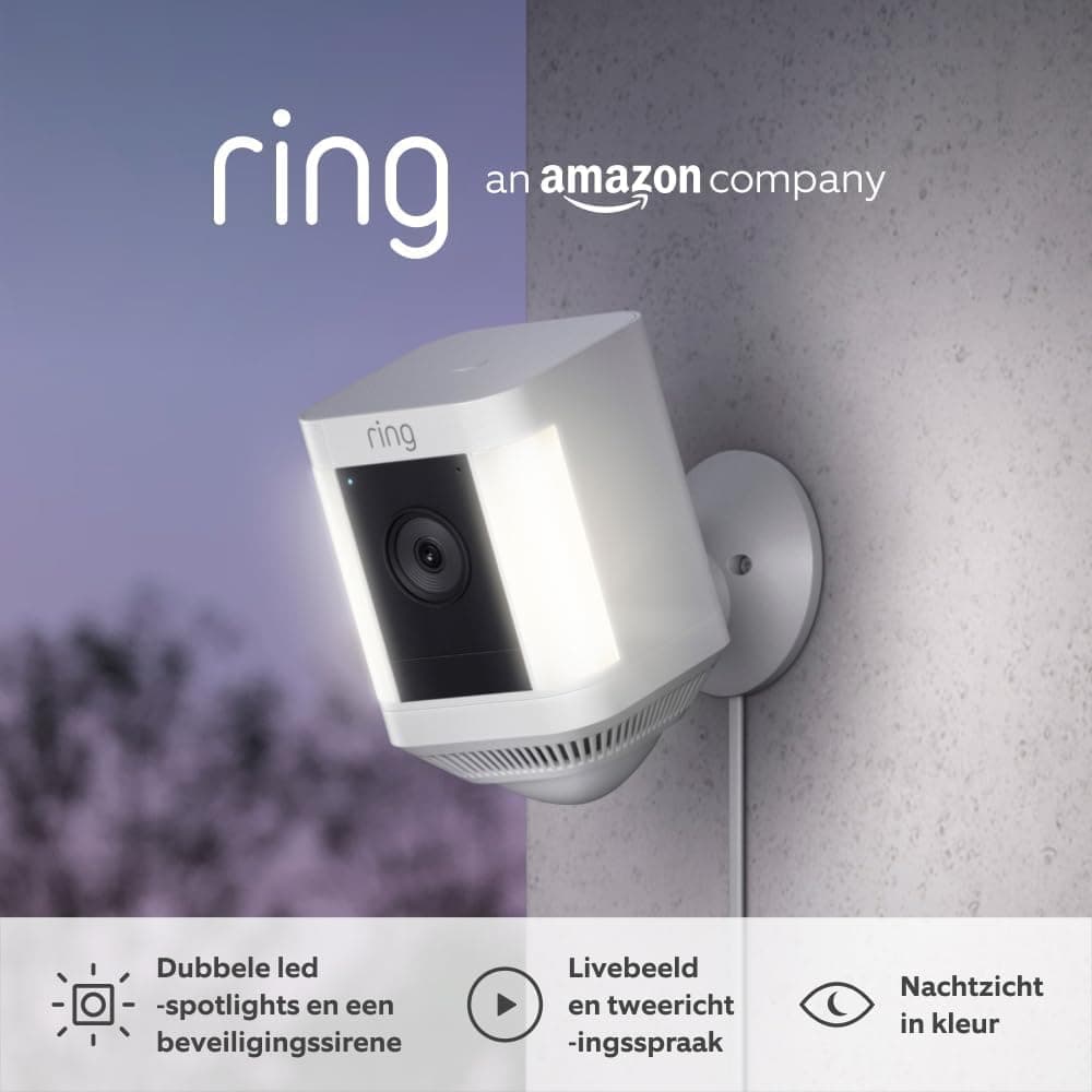 Ring cámara Plus con luces y enchufe (Spotlight Cam Plus) | Cámara de vigilancia exterior HD wifi con comunicación bidireccional, visión nocturna y focos LED | 30 días gratis de Ring Home | 2 Cámaras