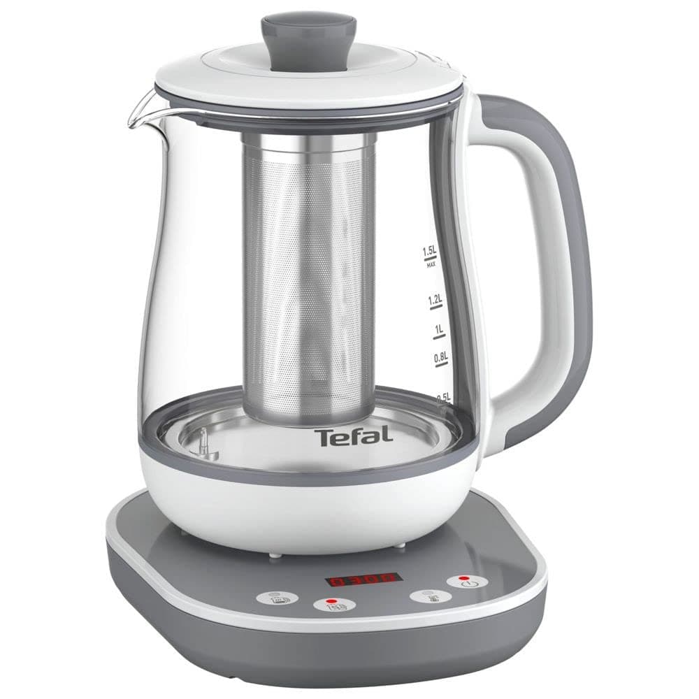 Tefal BJ551B10 Tastea machine à thé, 8 réglages de température, Capacité de 1,5 L, Panier à thé amovible en acier inoxydable, Maintien au chaud, Corps en verre résistant, Gris/Blanc