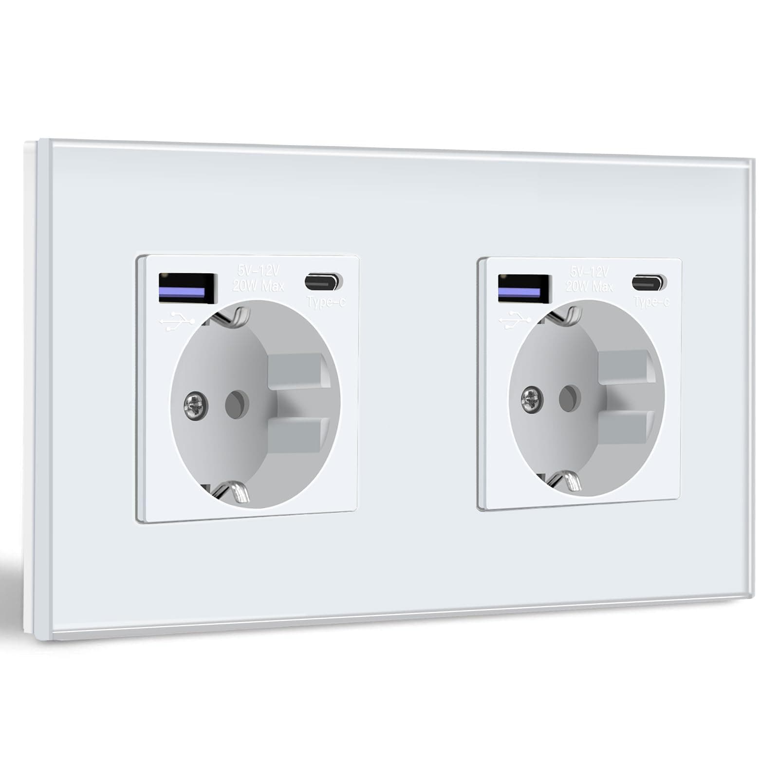 BSEED Schuko Steckdose mit USB C 20W Schnellladegerät USB Type C Wandsteckdose mit Glas Panel, 2 Fach Steckdose, USB Steckdose Unterputz, Einbausteckdose Geeignet für Phone, Pad, MP3 und mehr-Weiß
