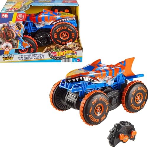 Hot Wheels Monster Trucks Spielzeugfahrzeug mit Fernbedienung, RC Tiger Shark Climber in großem Maßstab mit 3 Spielmodi für Rennen, Klettern und Stunts, JFR39