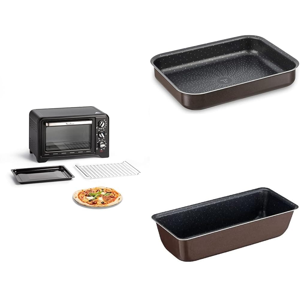 LOT Moulinex Four électrique posable 19 L, chaleur tournante, 6 modes de cuisson, Thermostat réglable jusqu’à 240°C, Optimo noir OX444810 + Tefal Plat Aluminium 20x26 cm + Tefal Moule à cake 28 cm
