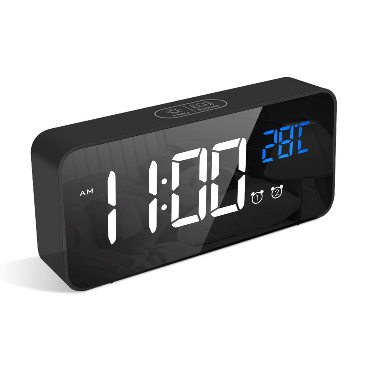 LATEC Reloj Despertador, LED Pantalla Reloj Despertador Digital con Espejo, Doble Alarma, Temperatura, Puerto de Carga USB, 10 Música, 4 Brillo Ajustable, 12/24H(Negro)