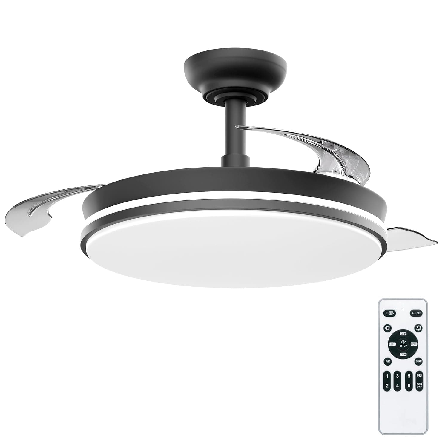 LEDUNI Ventilador de techo con luz con mando 3 aspas, Motor DC 30W+Luz LED,temporizador, 6 velocidades, aspas retráctiles, 3 temperaturas de luz, función verano-invierno Silencioso (Negro, 50CM)
