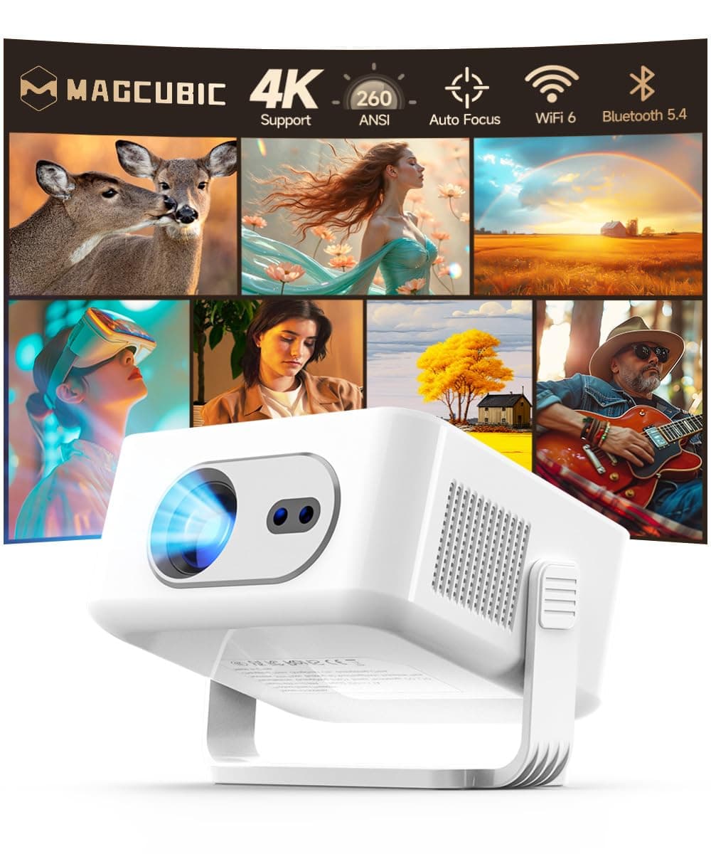 Magcubic Mini Videoprojecteur 4K– Videoprojecteur Ultra Courte Focale avec WiFi 6, BT 5.4, 260 ANSI, Autofocus et Correction Trapézoïdale Automatique pour Home Cinéma, Bureau et Camping
