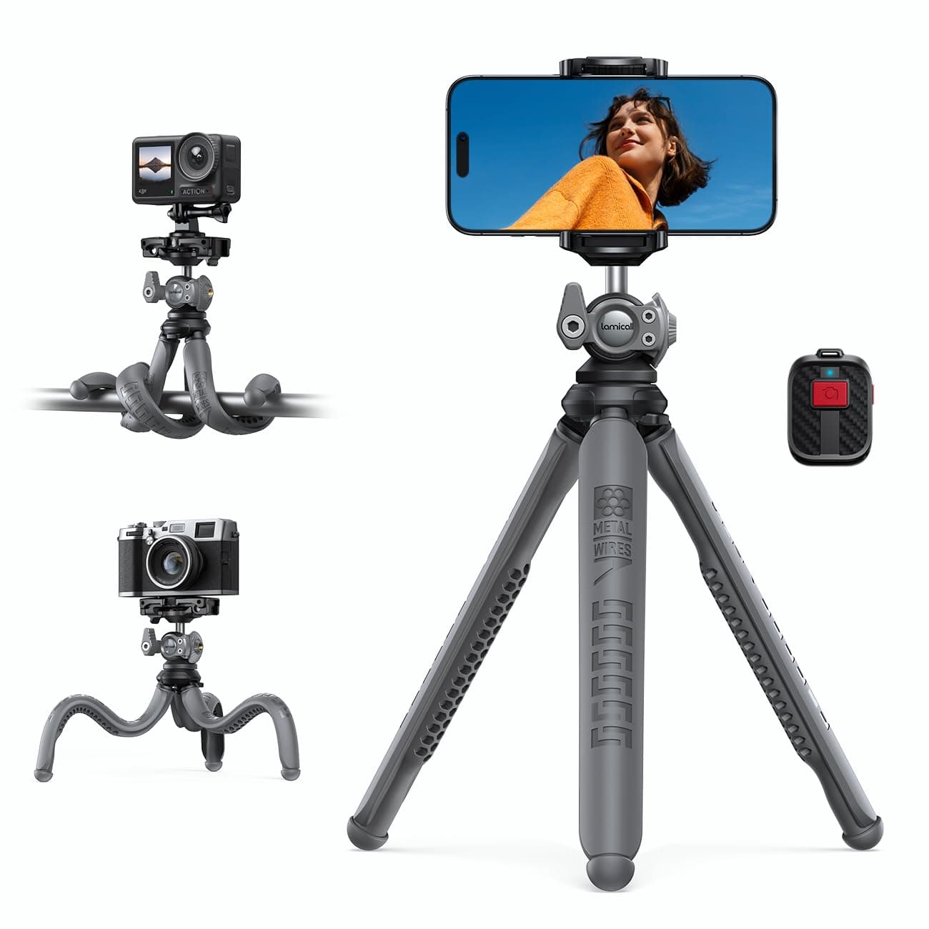 Lamicall Handy Stativ, Mini Stativ Halter - Handy Halterung Kamerastativ für Smartphone & Kamera, Flexible Handystativ mit Kabellose Fernbedienung, 360° Pocket Tripod für iPhone 17/16/15, für GoPro