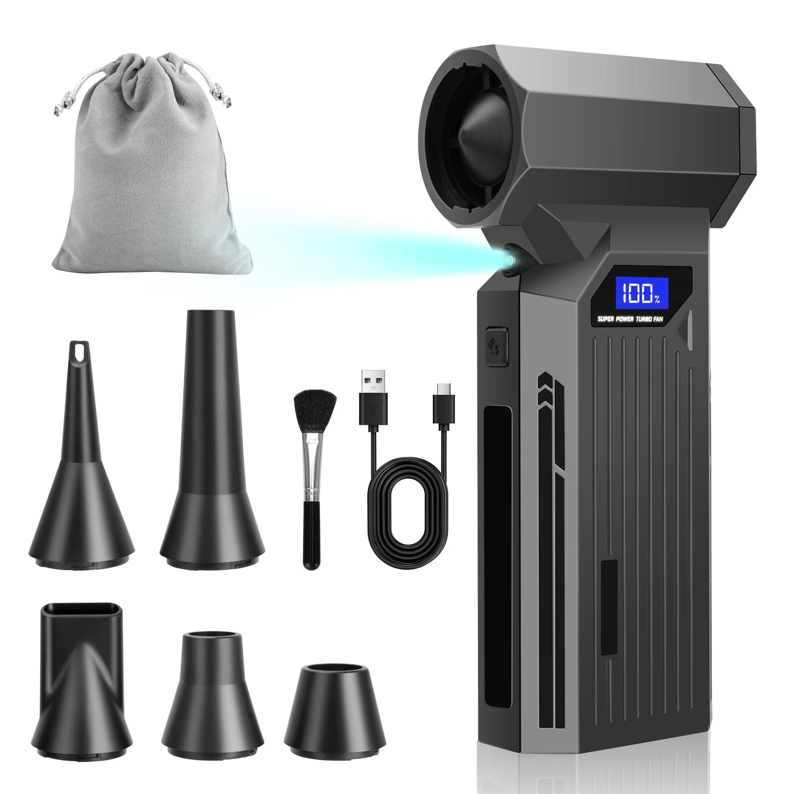 Soplador de Aire Eléctrico 120000RPM, Soplador de Aire Portátil Sin Cable con Aire Comprimido, 4 Velocidades Mini Soplador de Aire Potente con Batería, Kit Limpieza PC para Teclado, Coche y Exterior