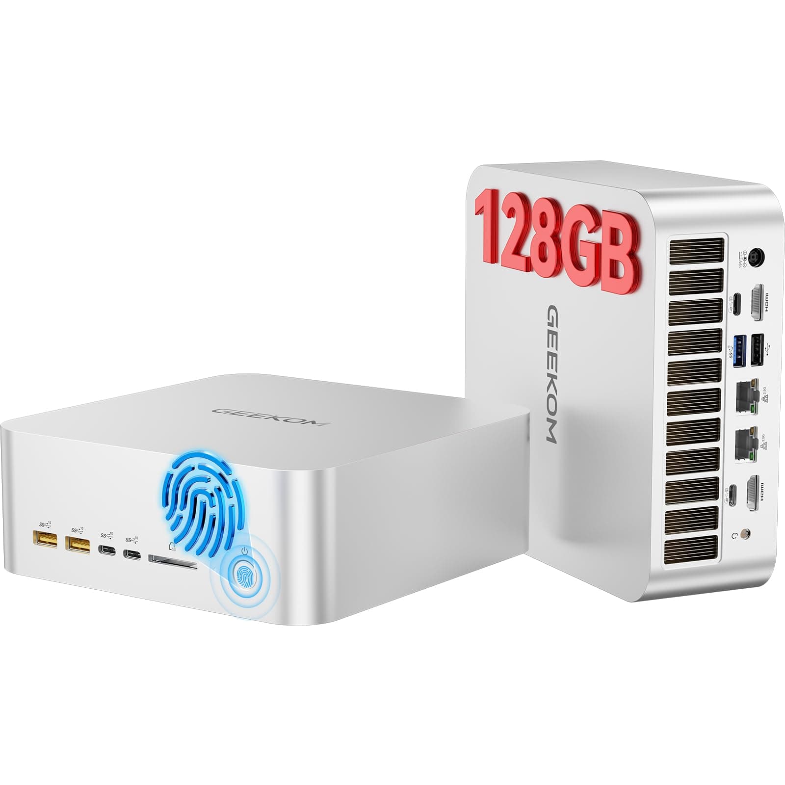 GEEKOM A9 Mega Mini PC Gaming con AMD Ryzen AI Max+ 395, Radeon 8060S, 128GB RAM y 2TB SSD NVMe, Mini Ordenador con Huella Dactilar| IA hasta 126 TOPS|Doble LAN 2.5G|USB4|Windows 11 Pro|4 Pantallas 8K