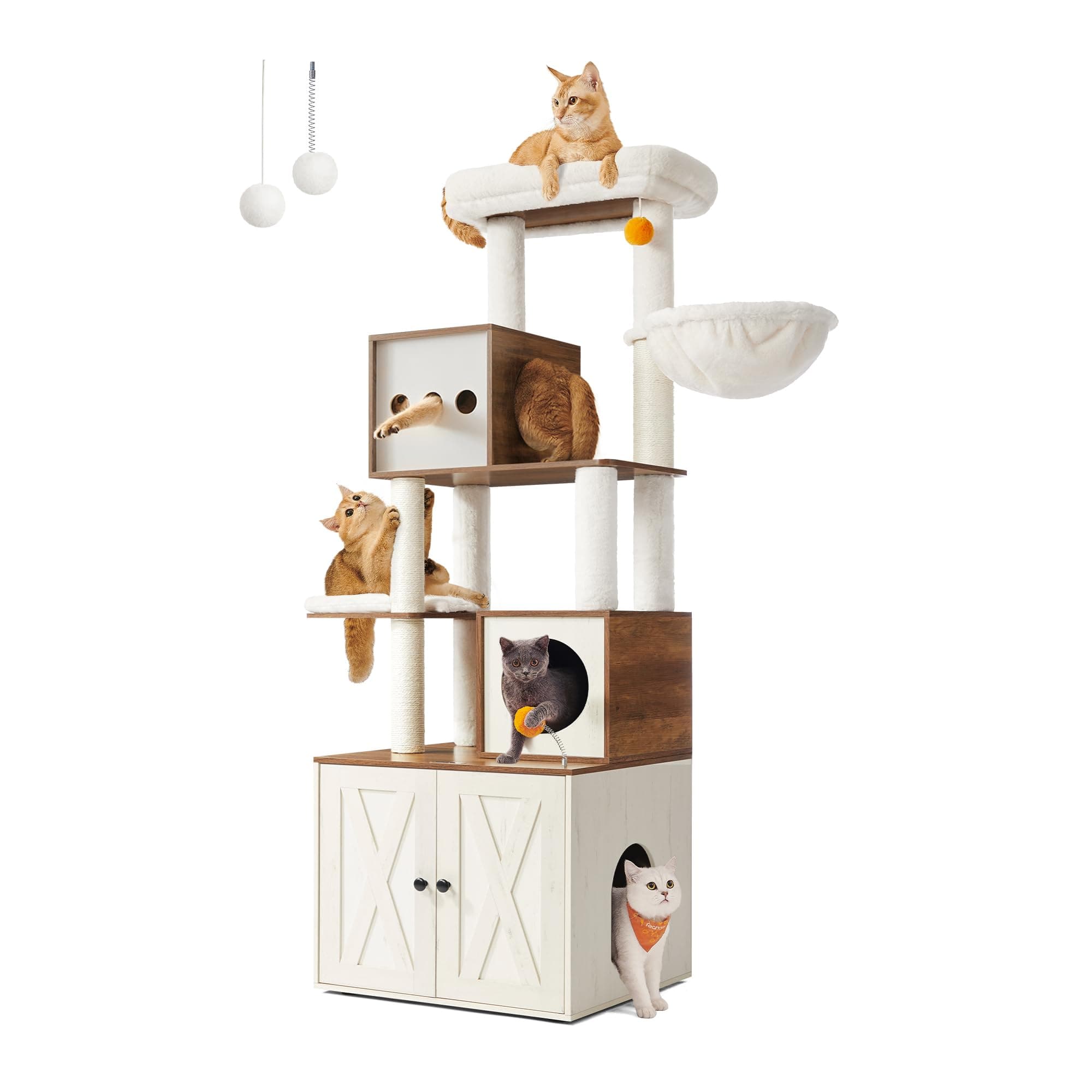 Feandrea Arbre à Chat Moderne avec Cache-litière, Tour de Jeu, Griffoir avec Maison de Toilette, 180 cm, Niche, Plateforme, Tapis Lavables, Marron Miel et Blanc Rustique PCT116K03