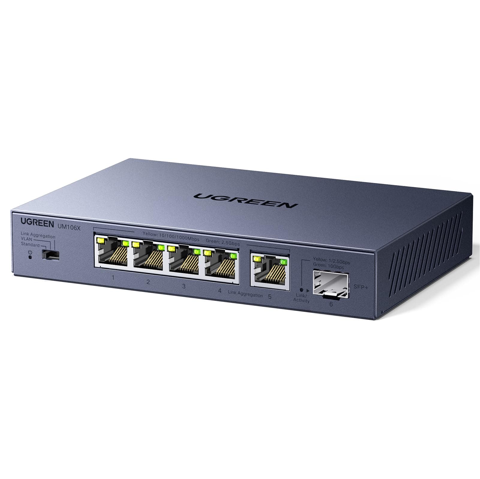 UGREEN 5 Puertos 2,5G Ethernet Switch y 1 Puerto 10G SFP+ Conmutador Ethernet Non Gestionado Carcasa Metálica Protección contra Rayos de 4KV, Compatible con PC, NAS y Cámara