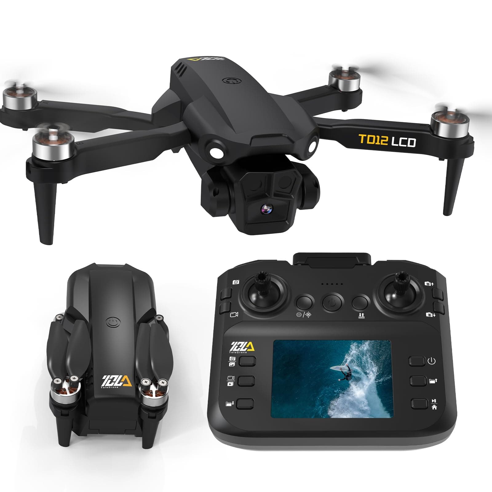 Toladrone Plegable Drones con Camara 4K, Dron con Transmisión por Pantalla LCD, Modo sin Cabeza, Ajuste Eléctrico de 90°, Cuadricóptero RC para Adultos, TD12LCD Drone para Principiantes