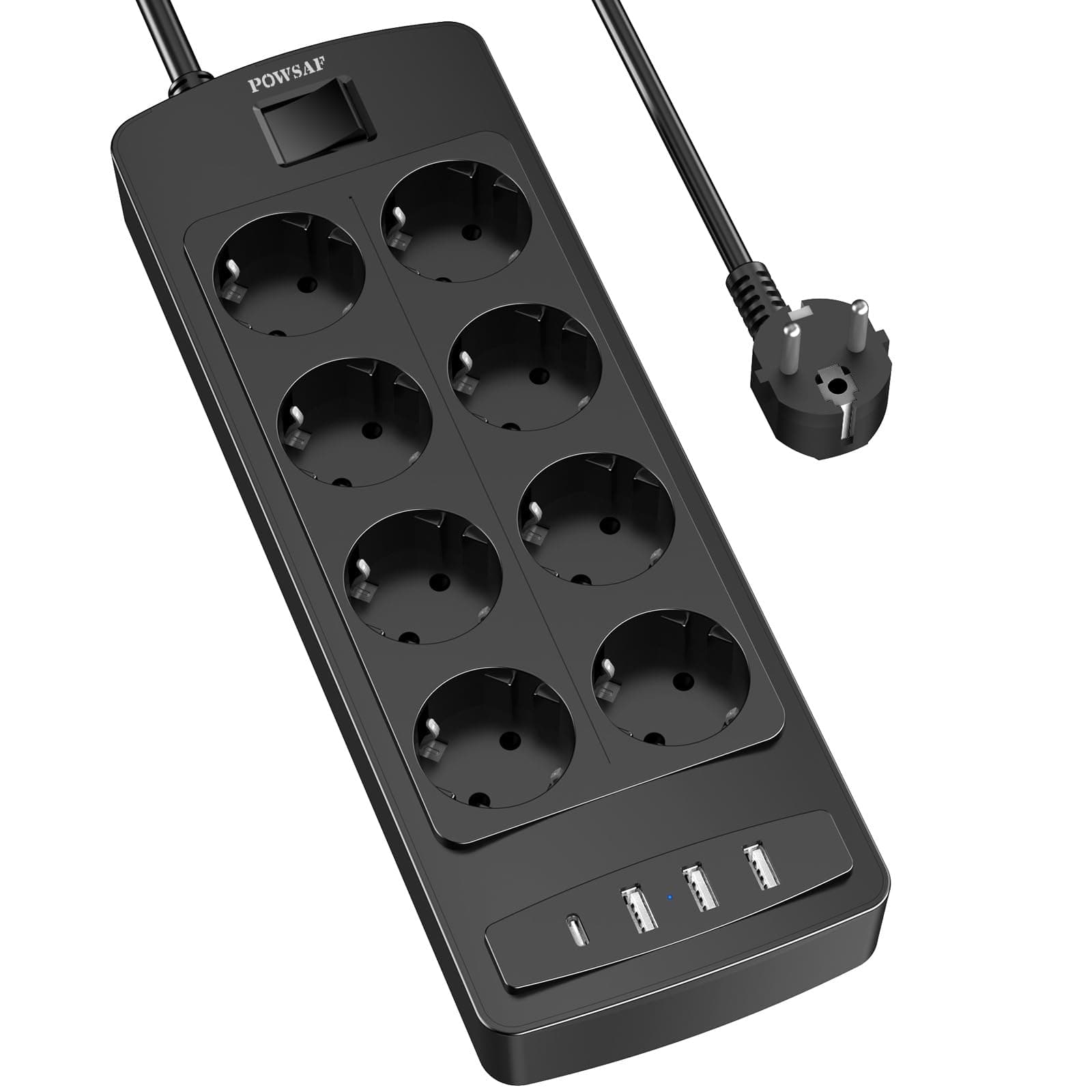 POWSAF Base de Enchufes con USB, Regleta Eléctrica 8 Enchufes y 4 Puertos USB, Regleta Multiple con Interruptor Seguro para Hogar/Oficina, Negro