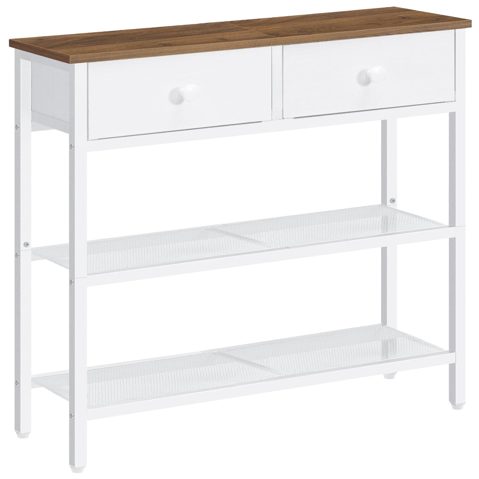 HOOBRO Mesa de Entrada de 75 cm de Largo, Mesa de Sofá de Estilo Industrial con Dos Cajones de Tejido no Textil, Consola con 3 Estantes, Dormitorio, Vestíbulo, Blanco y Nogal EWH72XG01