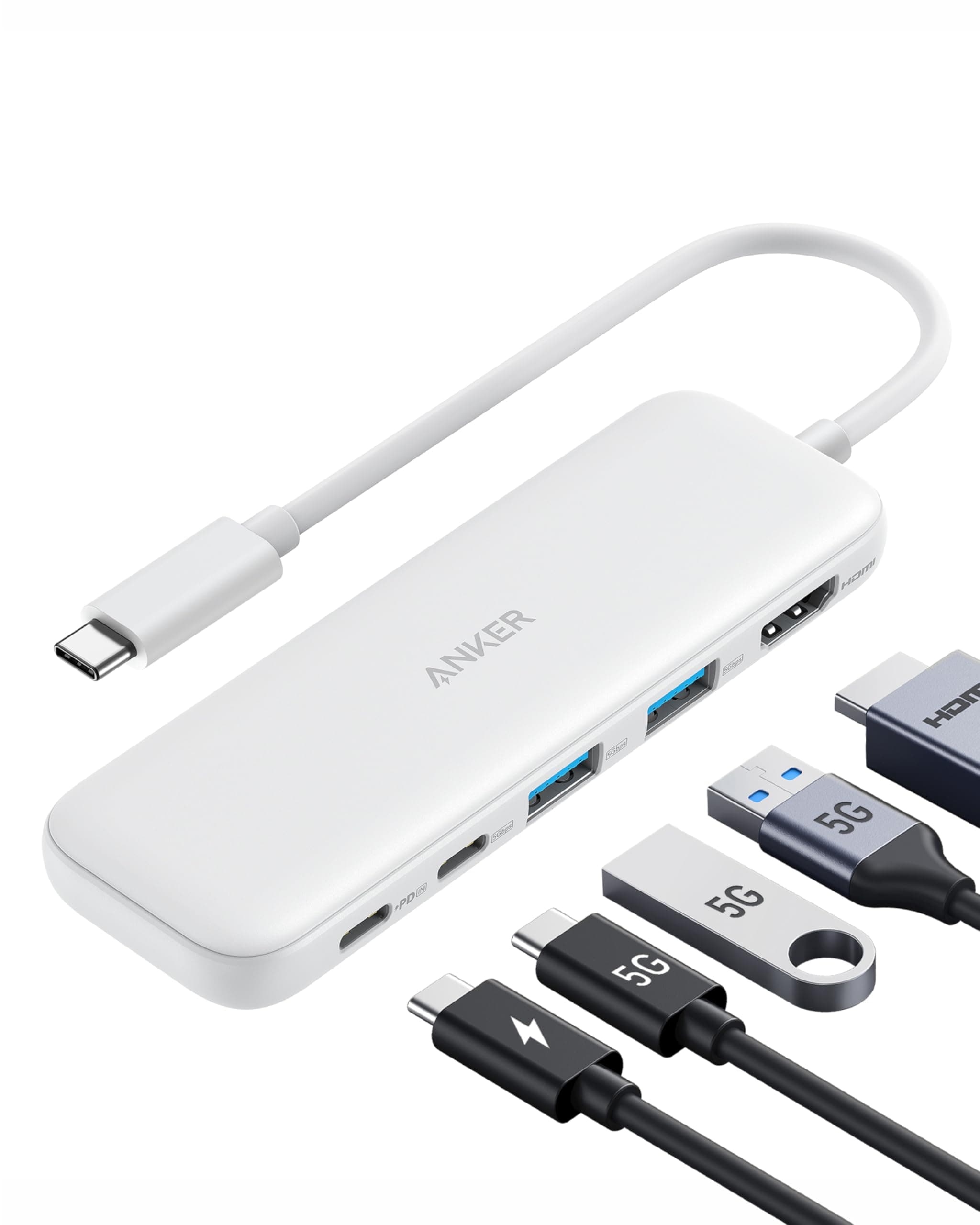 Anker 332 USB-C Hub (5-in-1) with 4K HDMI Display, 5Gbps - and 2 5Gbps USB-A Data Ports and for MacBook Pro, MacBook Air, Dell XPS, Lenovo Thinkpad, HP Laptops and More (Weiß)