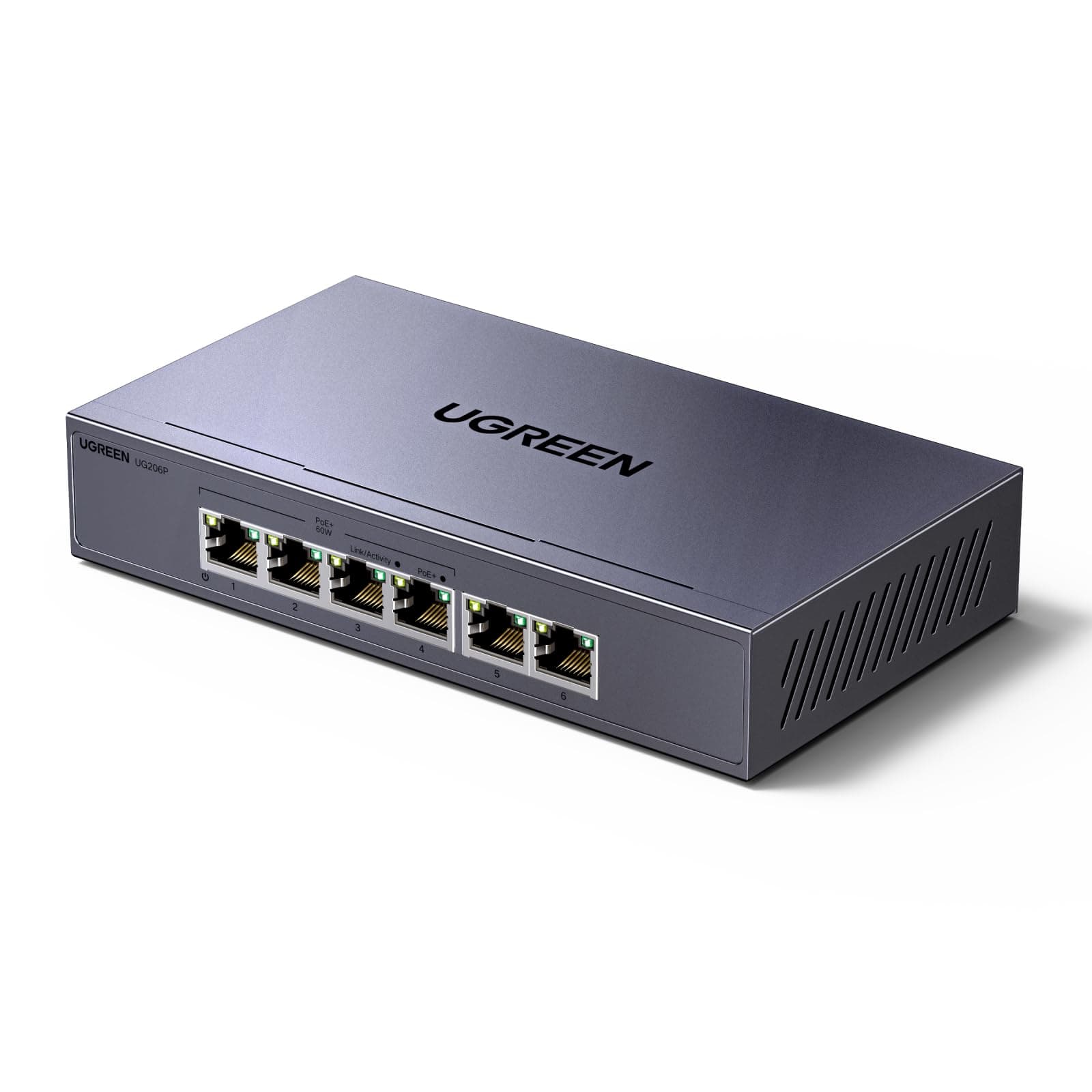 UGREEN PoE Switch 6 Port Gigabit LAN Switch mit 4 PoE+2 Gigabit-Ports, 60W Gesamtleistung für alle PoE-Ports, VLAN, Wärmeableitung Robustes Metallgehäuse, ideal für NVR/IP-Kameras (4PoE+2)