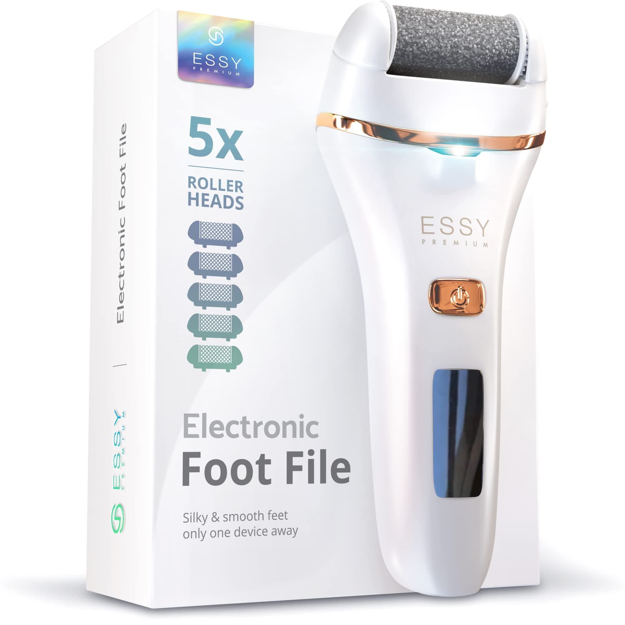 Essy Lima Electrónico Pies Durezas con 5 Rodillos de Recambio Quita Durezas para Pies Lima Electrico Callos Eliminar Limador de Durezas Pedicura Electrico Quita Callos Profesional Foot File (Blanco)