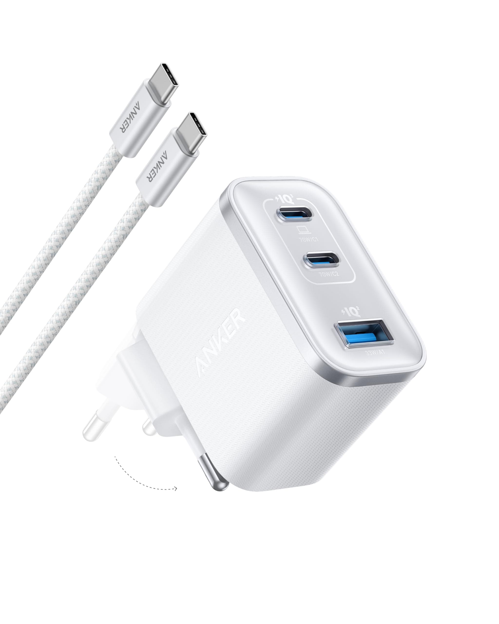 Anker Nano 70W USB C Ladegerät, 3-Port-Netzteil mit ultraschneller 70W Leistung, kompakt & stylisch, für iPhone 17/Pro/Pro Max/iPhone Air/16/15, MacBook Air, iPad, Pixel, Galaxy und mehr