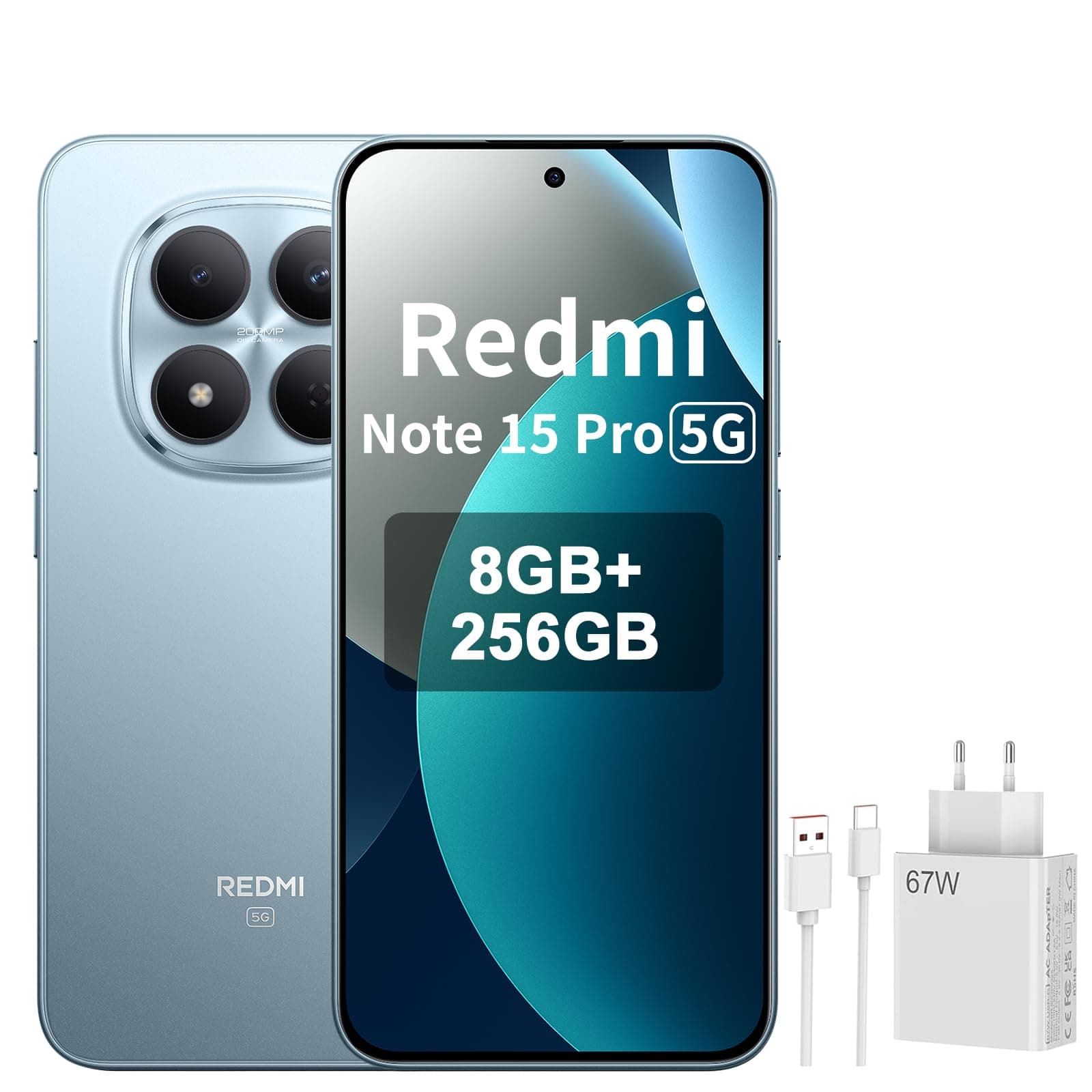 XIAOMI REDMI Note 15 Pro 5G - Smartphone de 8+256GB, Pantalla de 6,83" 1.5K AMOLED, MediaTek Dimensity 7400-Ultra, cámara de 200MP, batería de 6580 mAh, Azul Glaciar, Included 67W Charger