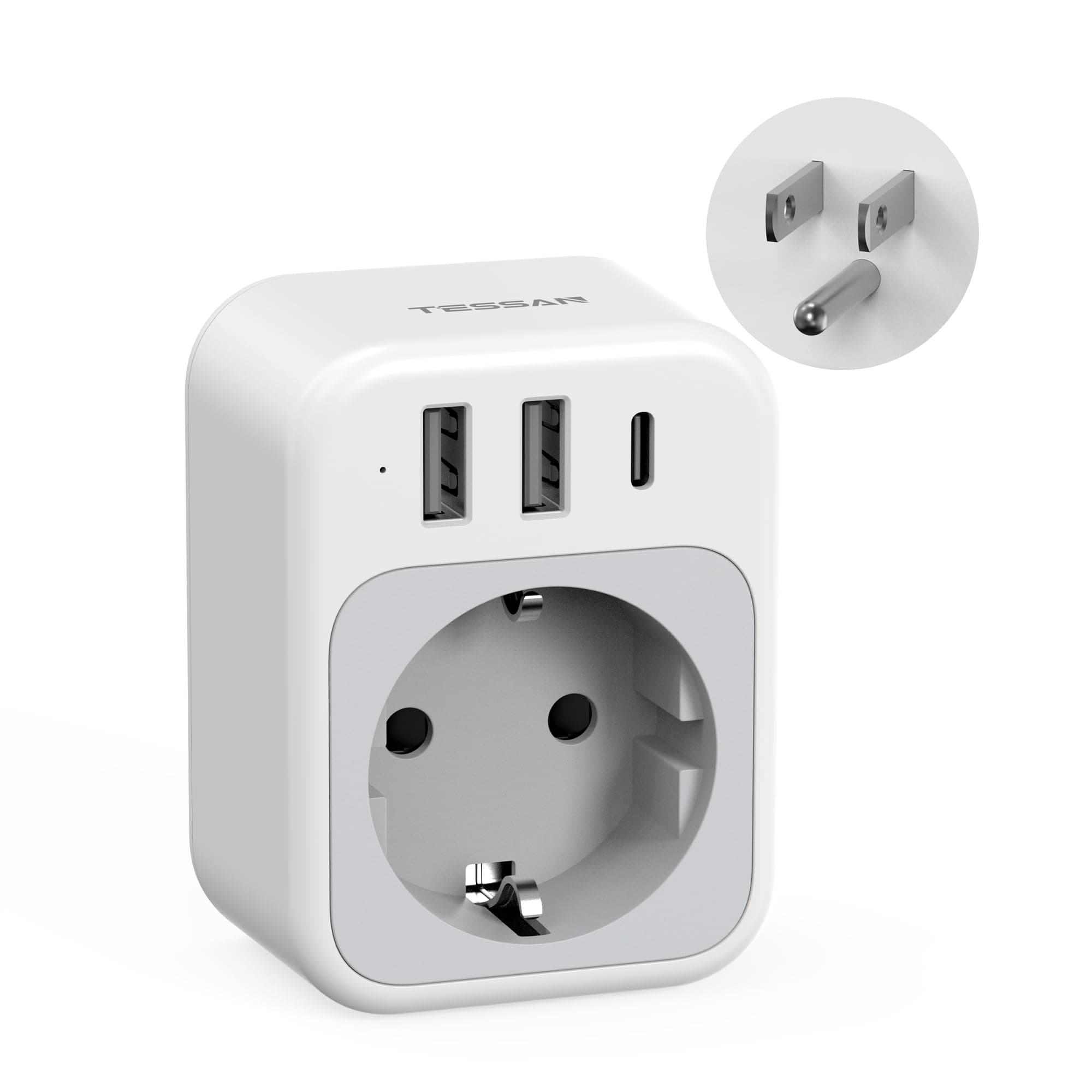 TESSAN Adaptateur Prise USA, 4 en 1 Prise Canada avec 1 USB C et 2 USB A, 1875W Adaptateur Type B France vers Americaine Canada Thailande Mexique Colombie, Compact et Portable