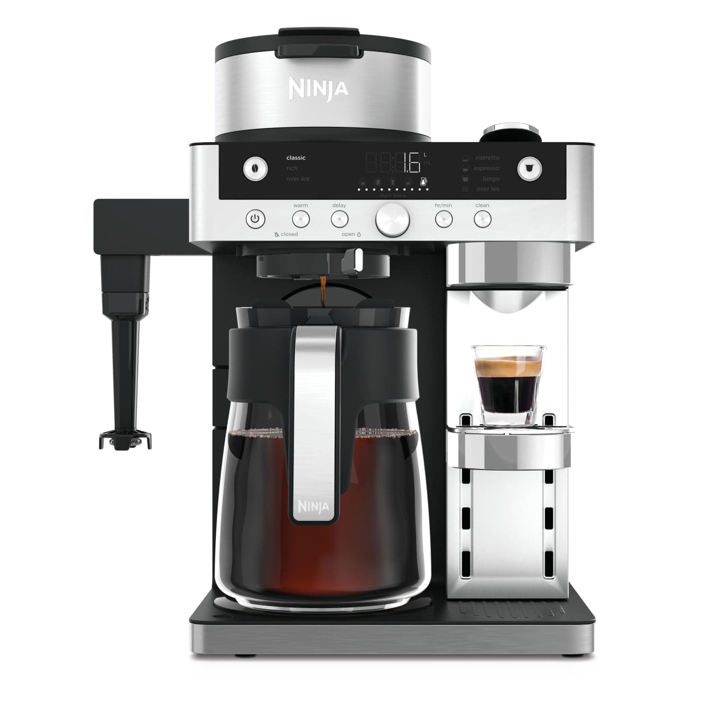 Ninja Prestige 2-in-1 Filterkaffee- und Kapselmaschine mit integriertem Milchaufschäumer, für Latte, Eiskaffee und Flat White, Schwarz CFN802EU