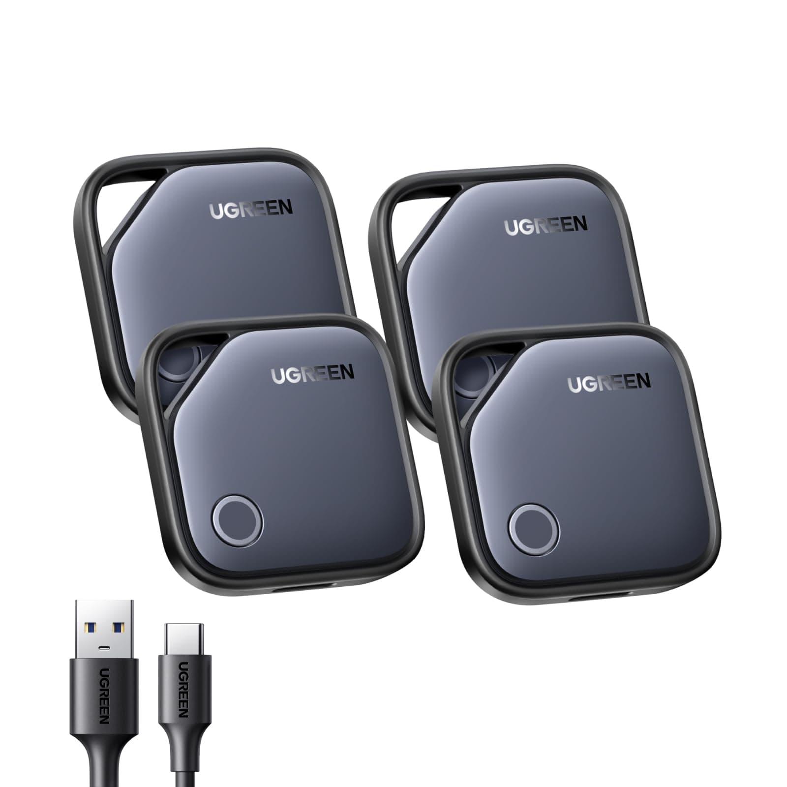 UGREEN Finetrack 4er Pack unterstützt USB C Aufladen, Bluetooth Tracker kompatibel mit Apple Find My (nur iOS), Smarttag bis zu 12 Monate Akkulaufzeit, Finder für Schlüssel, Koffer, Pass