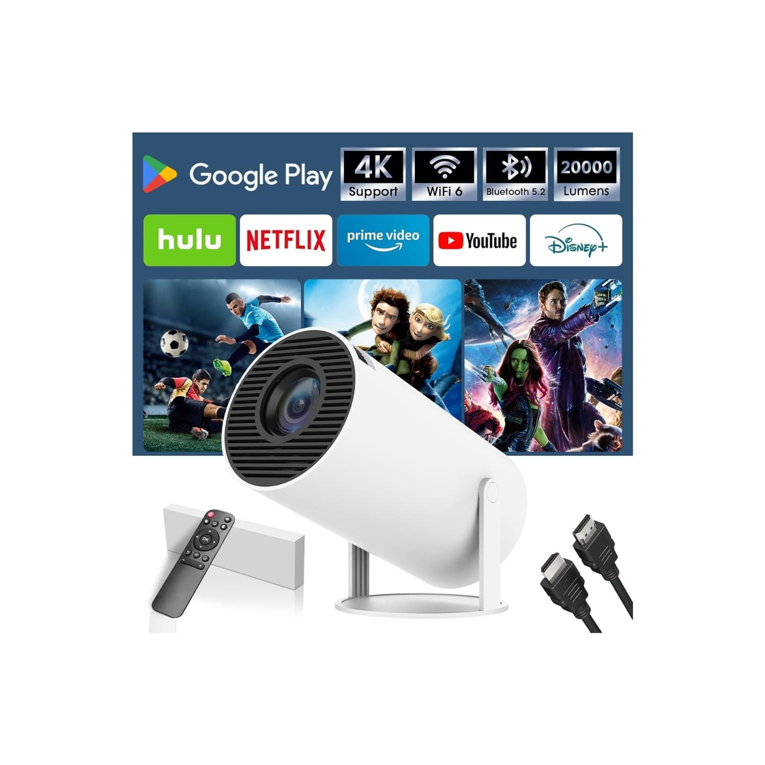 Proiettore Portatile 4K, SUMTAB Mini Proiettore con Bluetooth e WiFi, Rotazione 180°, per Interno/Esterno，Compatibile con HDMI/TV Stick/Laptop