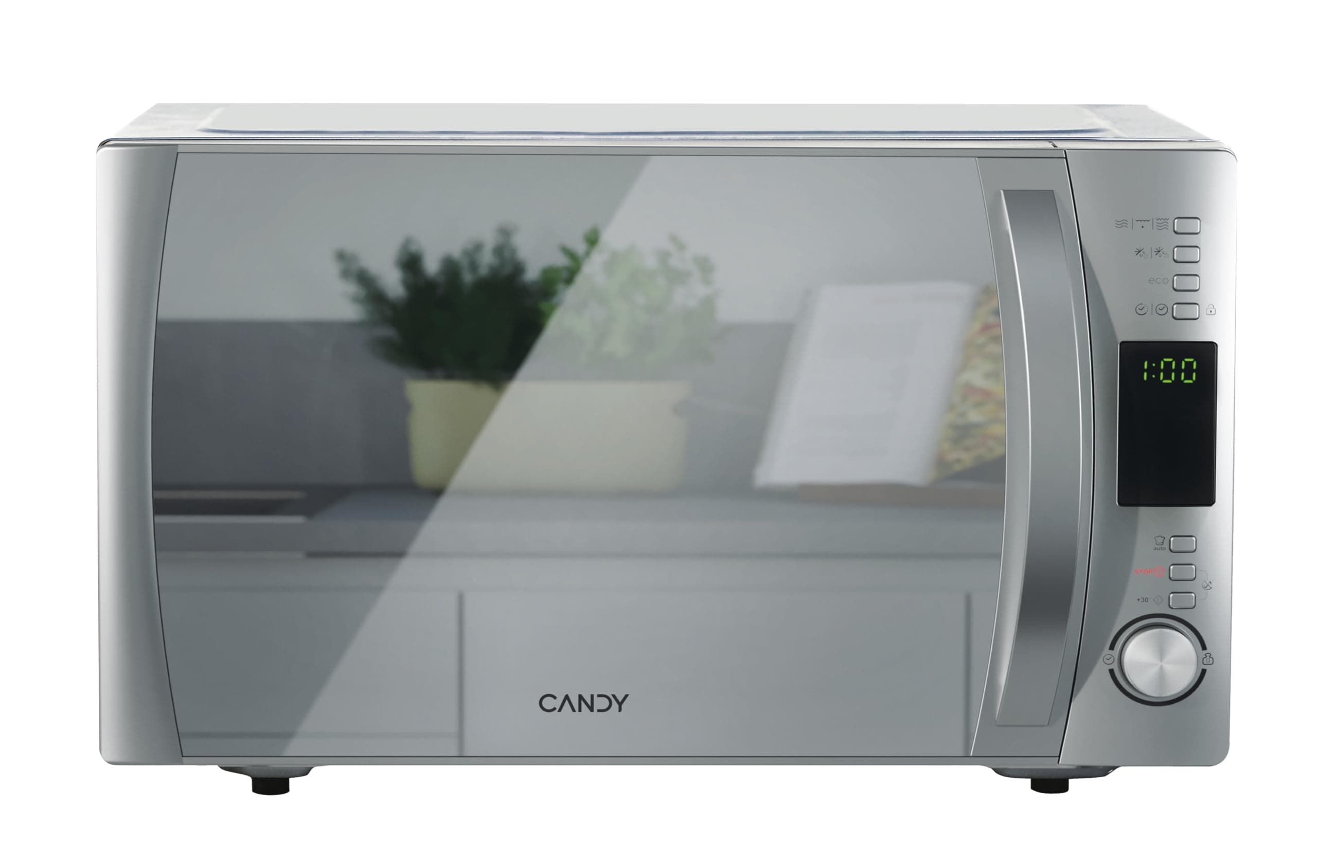 Candy CookinApp CMXG25GDSS, Microondas con grill, 25L, Digital, App simply-Fi, 5 niveles potencia, 40 programas automáticos, Plato giratorio 31,5cm, Express Cooking, 900W/1000W, Puerta espejo