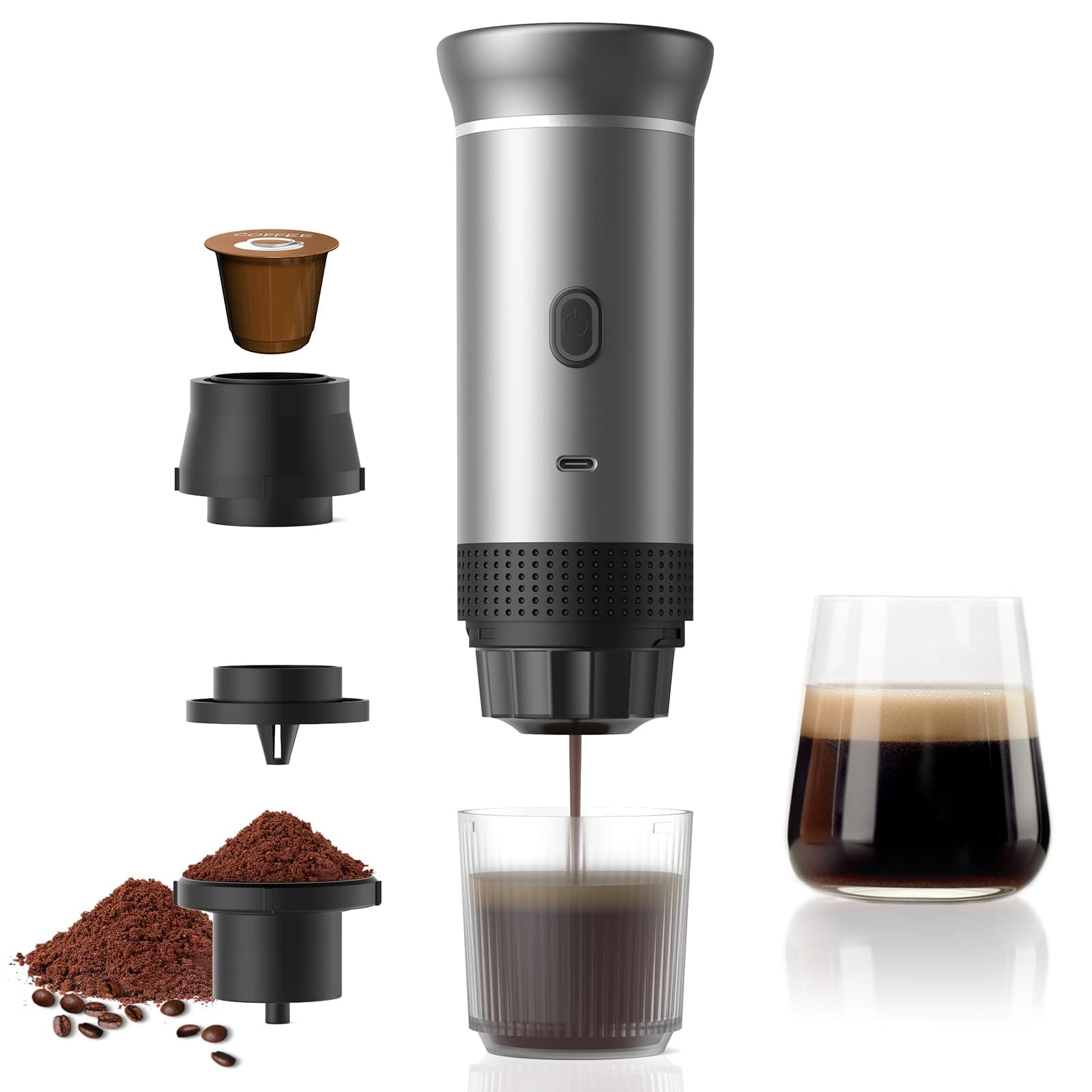 Vunzo Cafetera de café espresso eléctrica portátil, autocalentamiento con USB-C, cafetera de cápsula, minicafetera de viaje, cafetera de camping