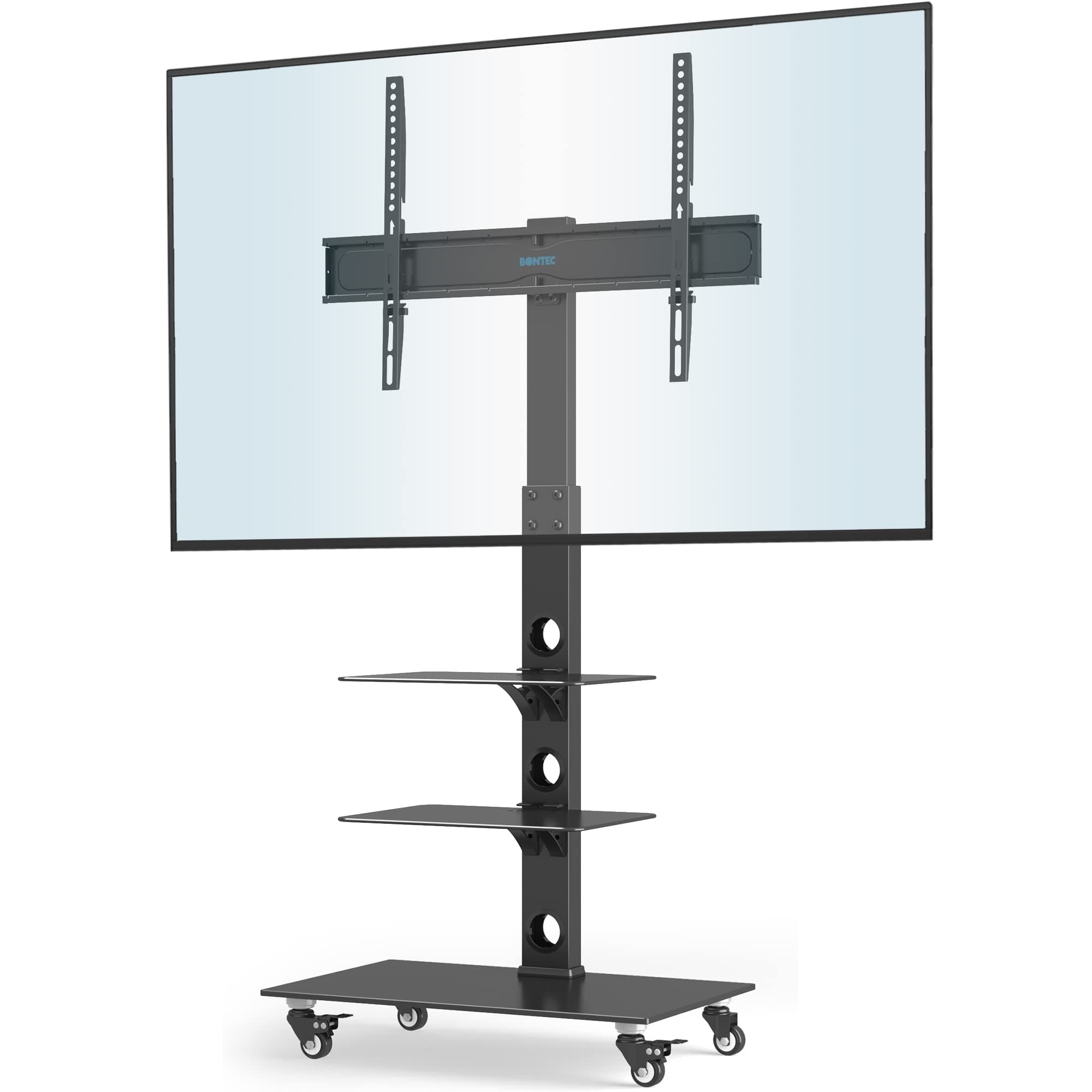 BONTEC Support TV roulettes Support Tele Mobile pour Téléviseurs Plasma/LCD/LED de 30 à 70 Pouces jusqu'à 40 kg, Support TV sur Pied avec étagères en Verre trempé à 3 Niveaux, Max VESA 600x400 mm
