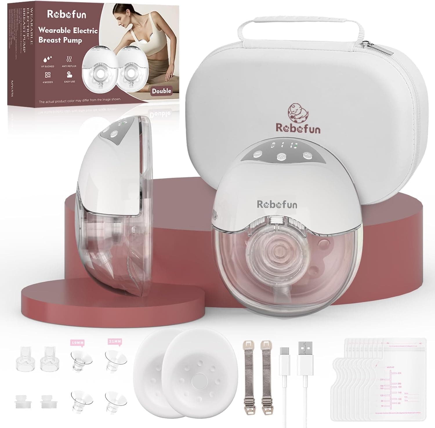 Robofun 2 Piezas Sacaleches Eléctrico Manos Libres, Extractor de Leche Doble Silencioso, 4 Modos y 12 Niveles de Succión, Extractor de Leche Eléctrico con Cubierta Antipolvo, 19mm/21mm/24mm