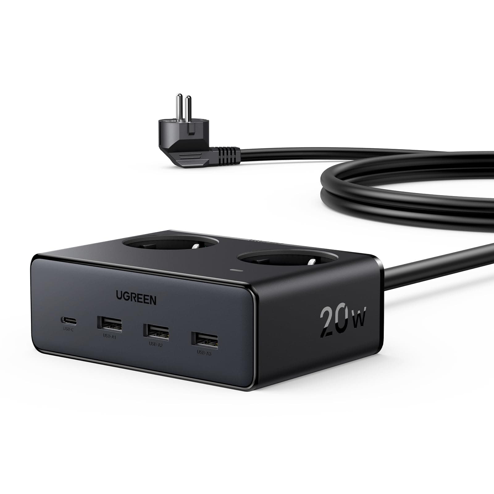 UGREEN Steckdosenleiste mit USB C Mehrfachsteckdose Schalter 6-Fach 20W Schnellladen 3680W Steckdosenwürfel mit Überspannungsschutz mit 1,5m Verlängerungskabel für Schreibtisch,Büro