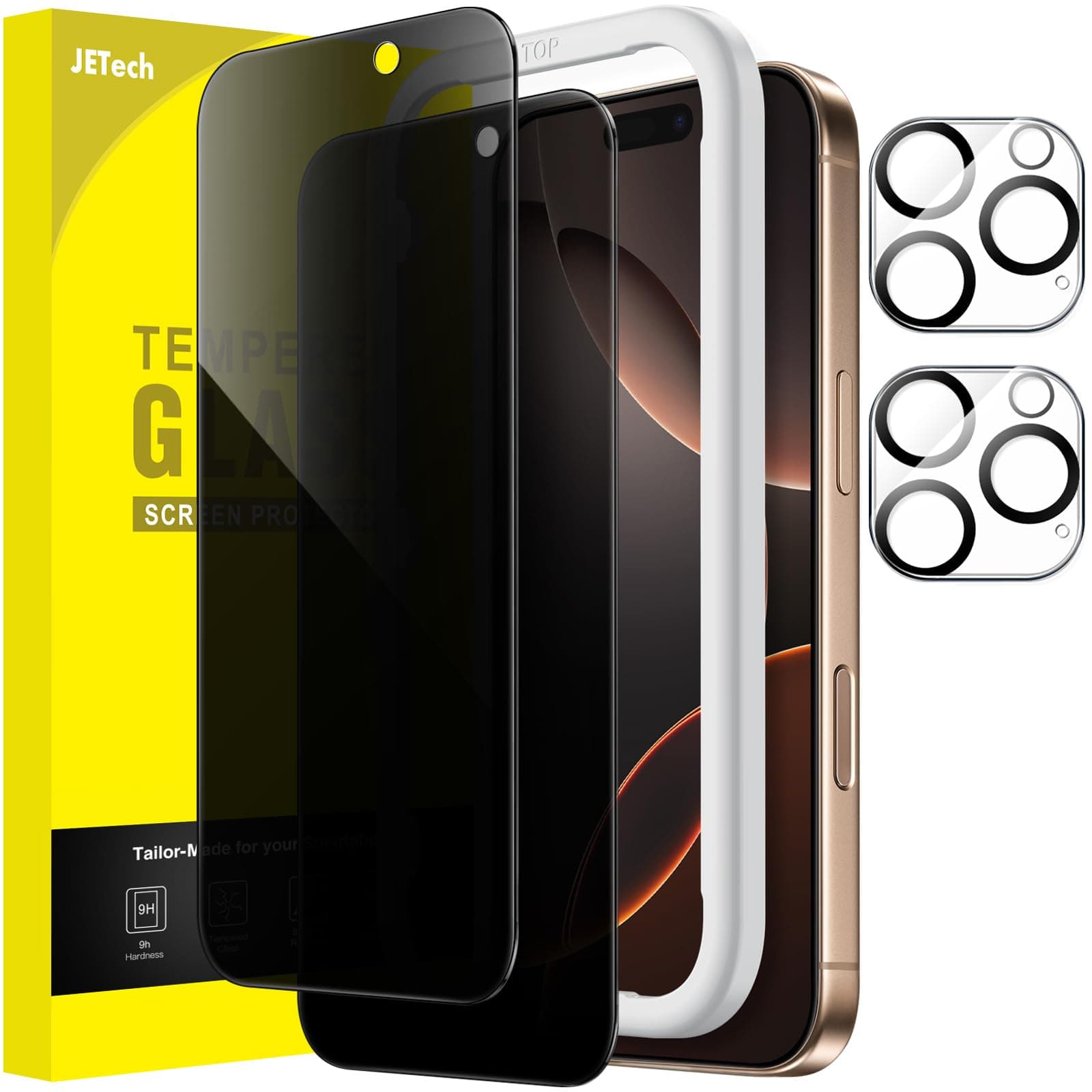 JETech Sichtschutz für iPhone 16 Pro Max 6,9 Zoll mit Kameraschutz, Anti-Spy Gehärtete Glas Schutzfolie, Einfaches Installationswerkzeug, 2 Stück Jeweils