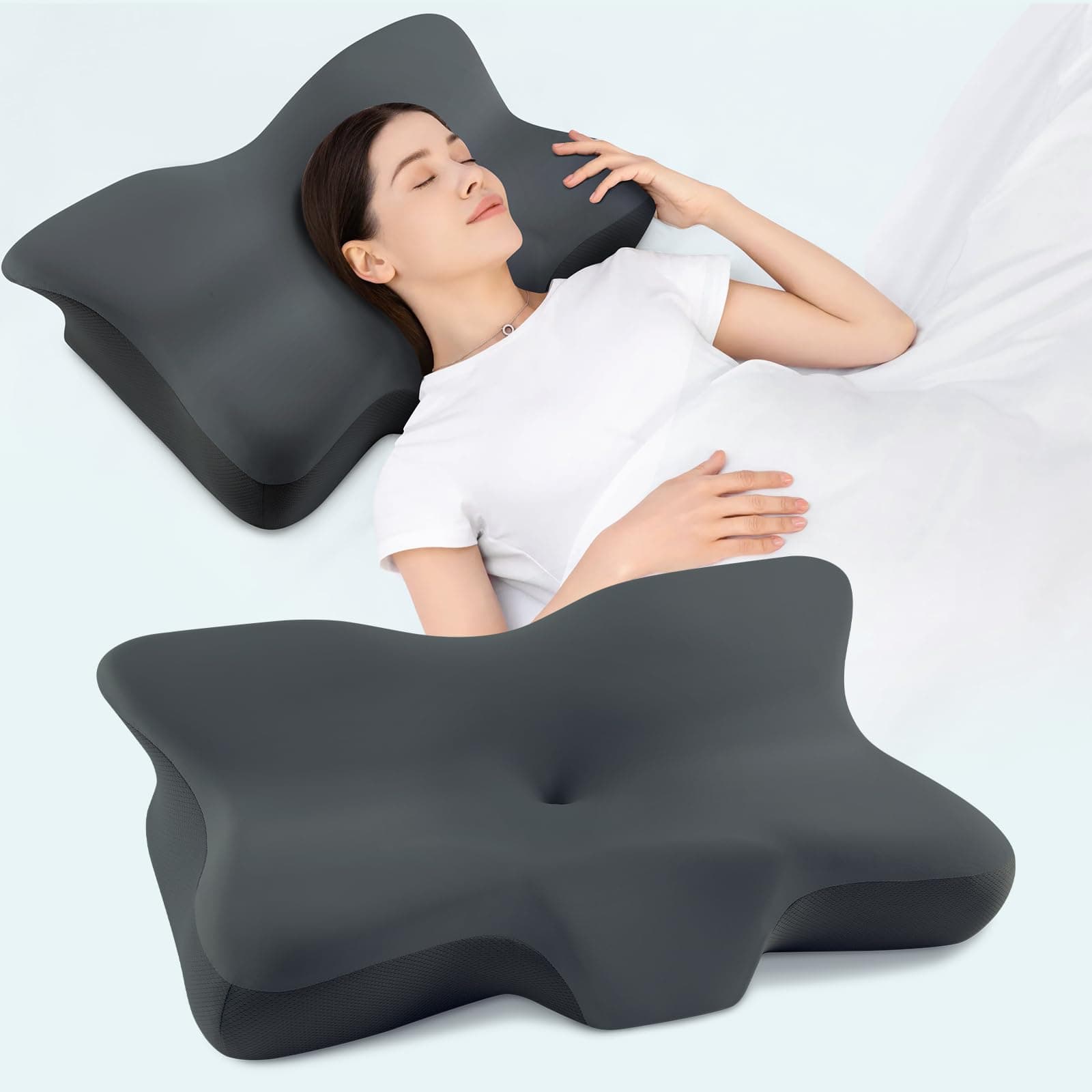 Silkena Oreiller Ergonomique Cervical,Oreiller Cervical pour Dormir,Oreiller en Mousse Mémoire Respirant,Adapté pour Ceux Qui Dorment sur Le Côté,sur Le Dos ou sur Le Ventre（Gris foncé）