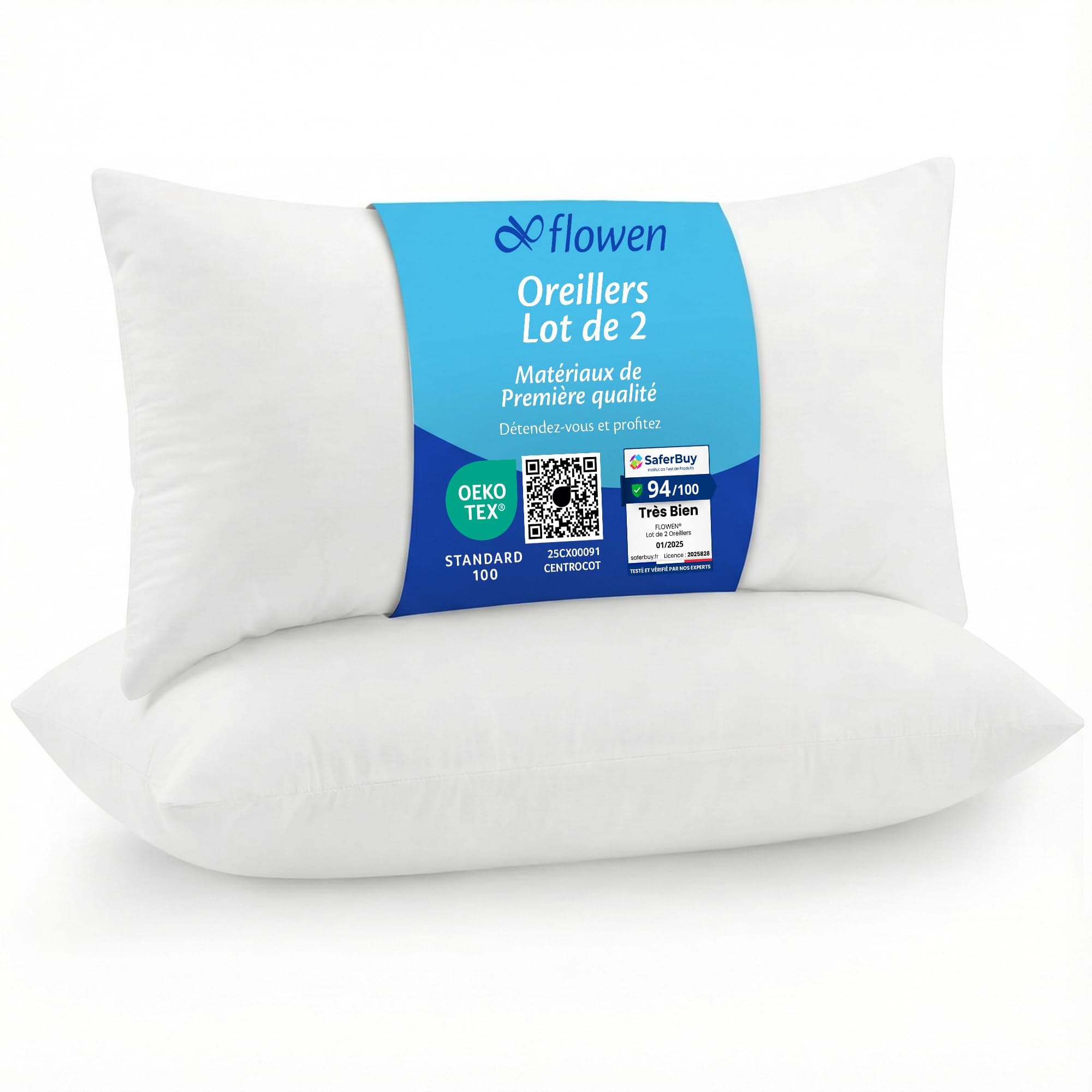 Flowen Oreiller 50x80 Lot de 2 pour Le Lit Coussins pour Dormir et Décoratifs Antiallergiques Anti-Acariens et Rafraichissant Rectangulaire Taie d'oreiller Blanc en Polyester