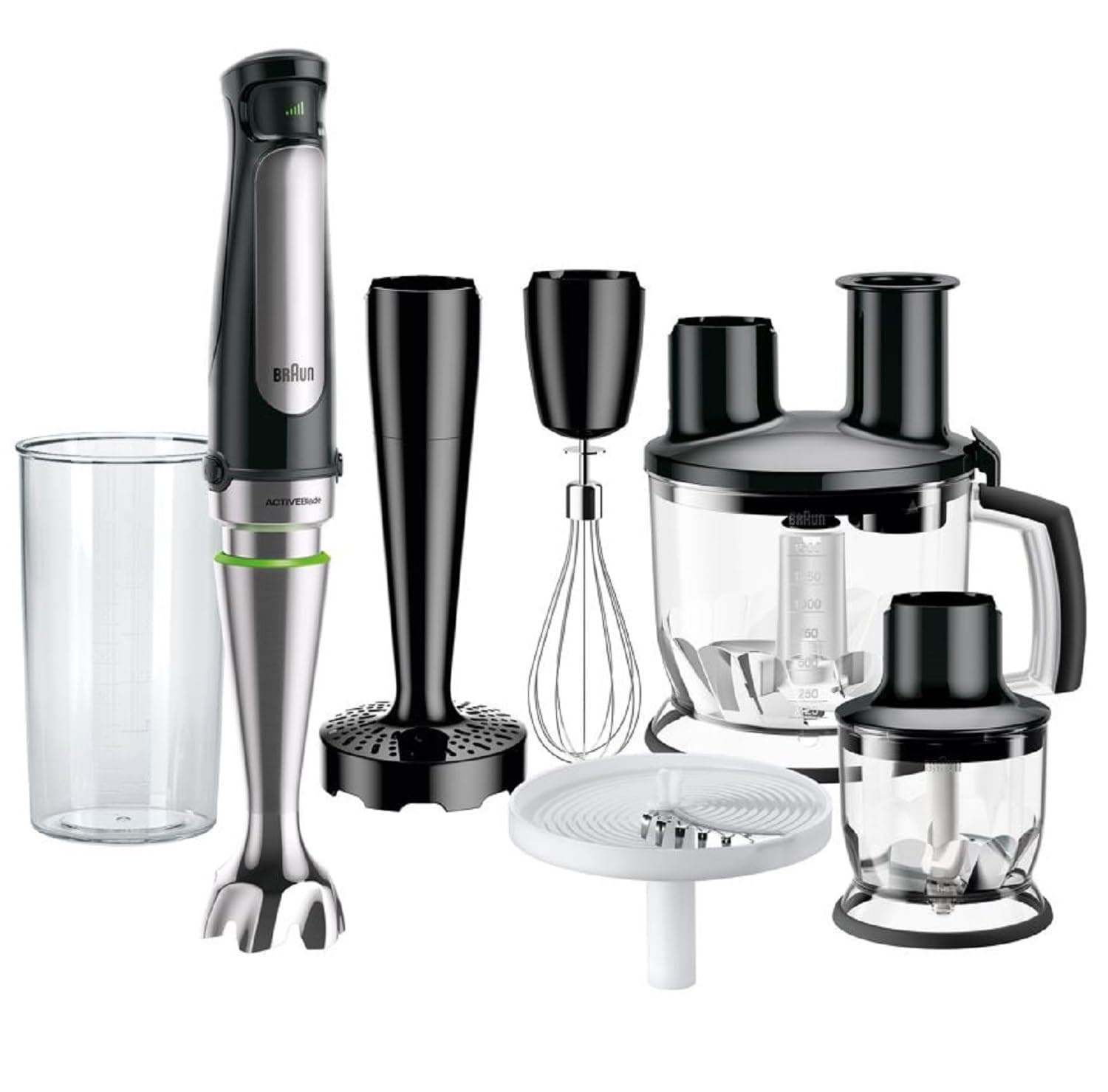 Braun MultiQuick 7 - Stabmixer mit SplashControl-Technologie, ActiveBlade System, Präzise Geschwindigkeitsregelung, 1,5L Küchenmixer, Zerkleinerer, Schneebesen, 600 ml Becher, 1000W, Schwarz (MQ7087X)