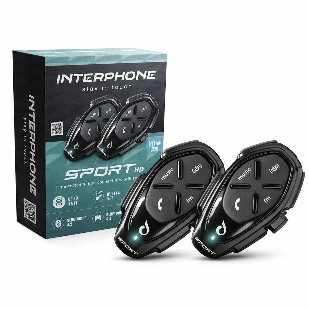 INTERPHONE SPORT HD - Doppio - Interfono da Casco Moto con Auricolari HD Hifi mm 40, 4 motociclisti, Distanza 1Km, Autonomia 20 ore - Standby 1.000 ore, TFT, GPS, Impermeabile, Universale Mod. 2024