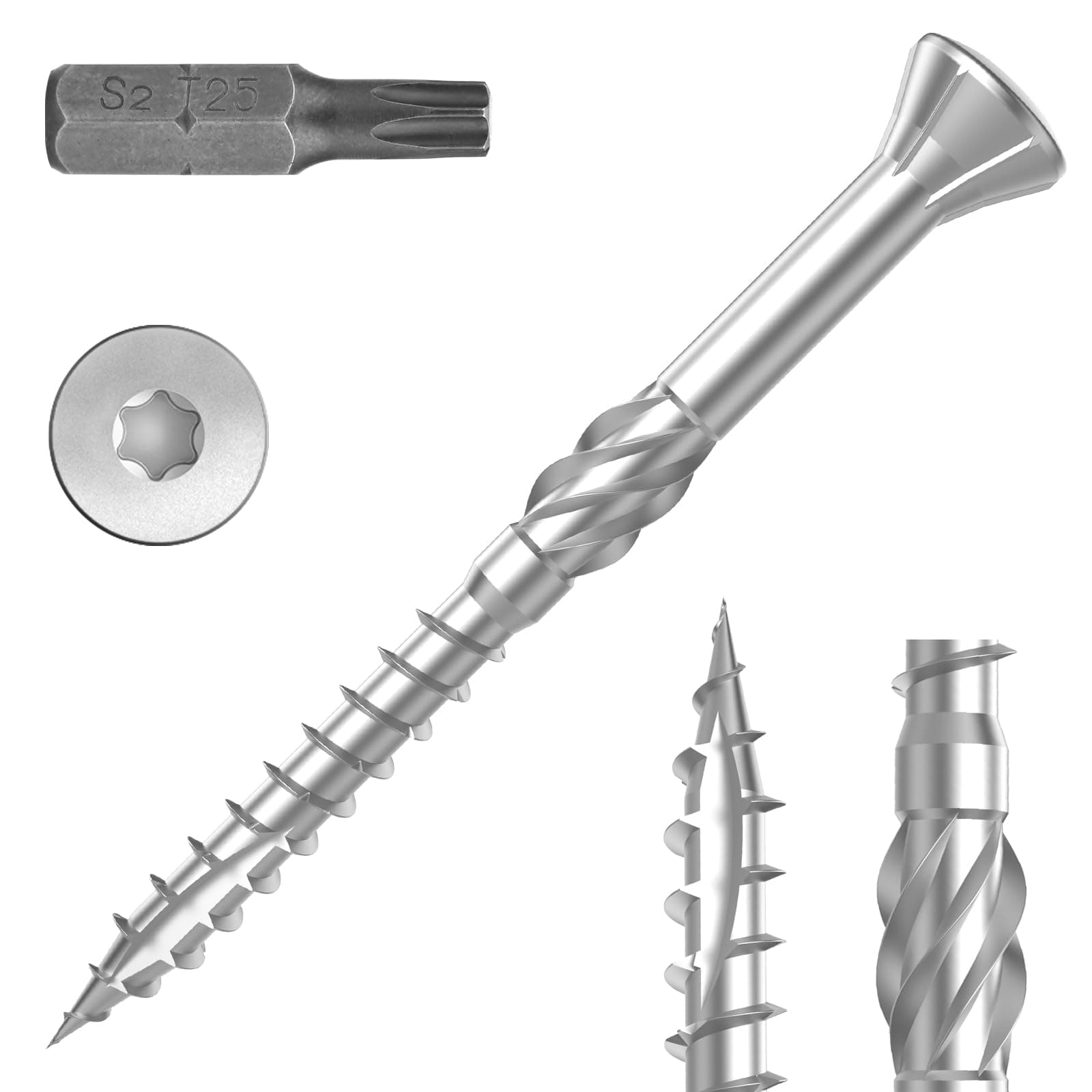 TCO - Vis pour terrasse 5x60 acier inoxydable A2-1000 vis pour planches + 2 embouts T25 - Idéales pour Extérieur (construction de terrasses & en bois de construction, abris de jardin etc.)
