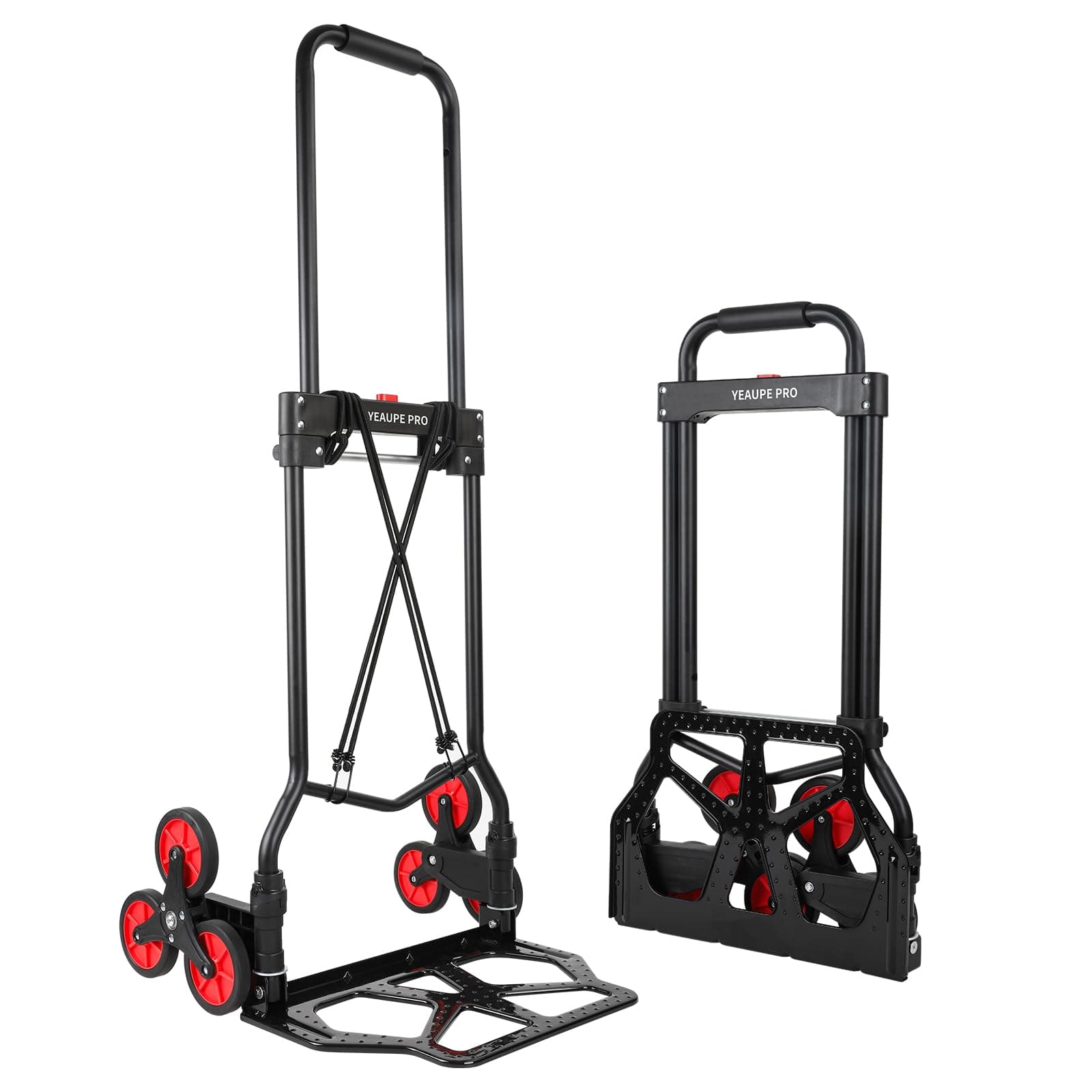 YEAUPE PRO Carrello Saliscale Pieghevole con Manico Telescopico, Ruote in Gomma, 2 Cinghie | Portata 50 kg per Traslochi, Giardino, Trasporto, Nero - Tre Ruote
