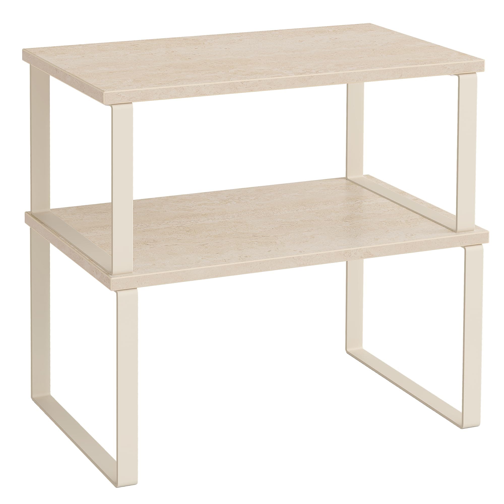 SONGMICS Gewürzregal, 2er Set Küchen-Organizer, Küchenregal, Schrank-Organizer Küche, erweiterbar, kleines Regal, stapelbar, Metall und Holzwerkstoff, travertinbeige-cremeweiß KCS020L01