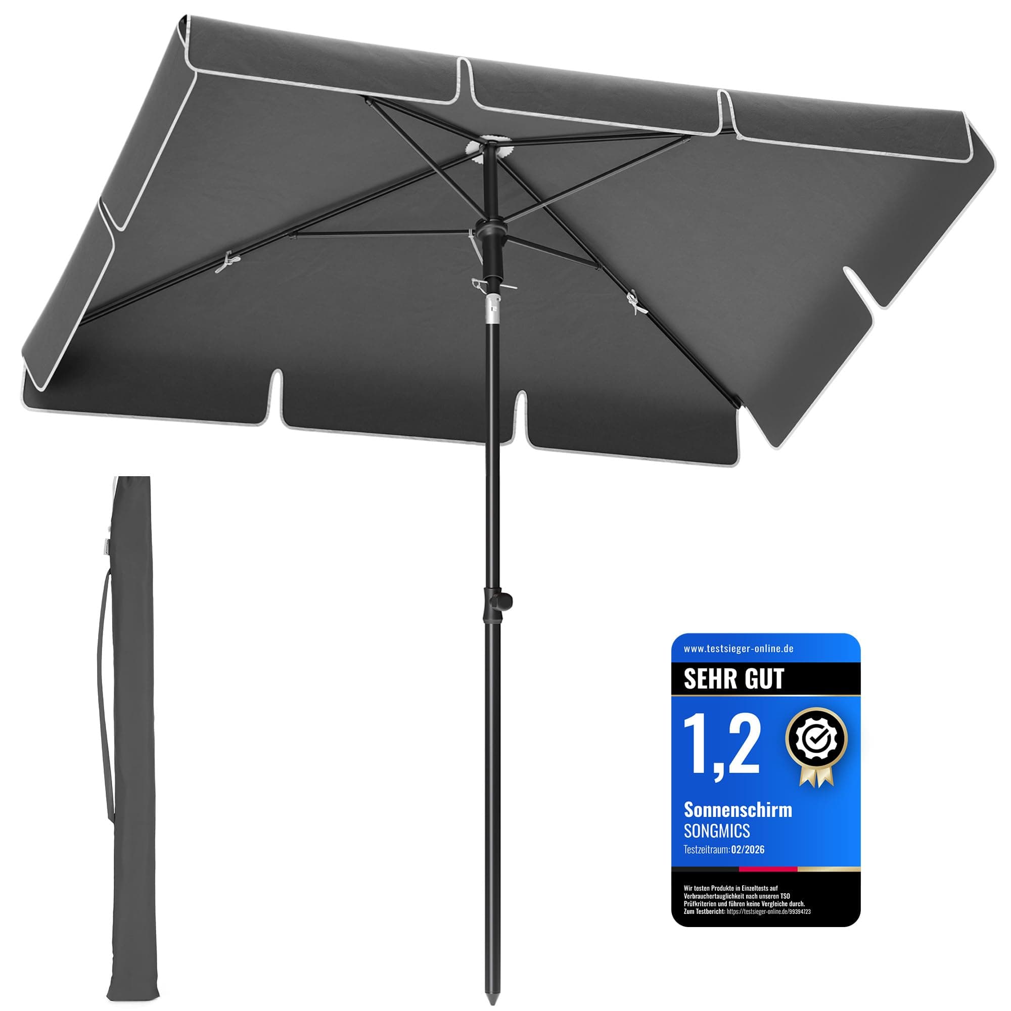 SONGMICS Sonnenschirm 200 x 125 cm, Balkonschirm UPF 50+, Sonnenschutz, beidseitig um 30° knickbar, höhenverstellbar, mit Aufbewahrungstasche, für Garten, Terrasse, ohne Ständer, grau GPU25GY