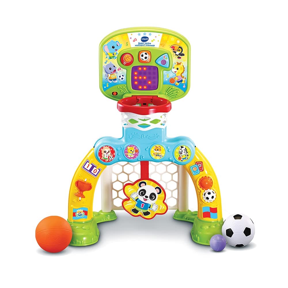 VTech - Super Centre Multisport Interactif, Structure de Motricité Bébé 3 en 1, But de Foot, Panier de Basket, Lancer de Balle sur Cible, Tableau de Score, Cadeau Enfant Dès 1 An - Contenu en Français