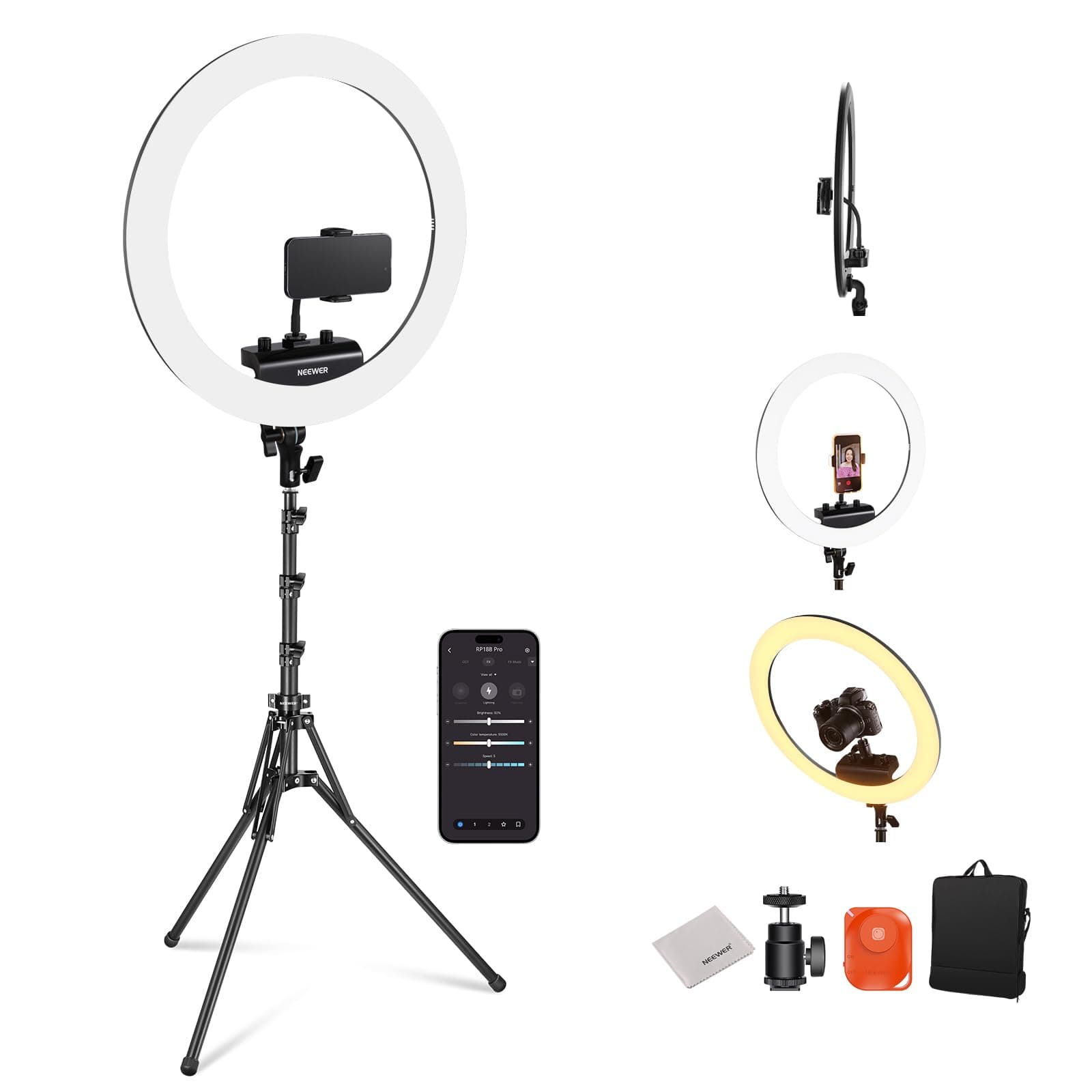 NEEWER RP18B Anneau Lumineux Pro 45cm avec Trépied et Support Téléphone Compatible avec iPhone, 45W 2900K-7000K Contrôle par app, Chiffon Nettoyage, Maquillage, Studio Streaming, Noir