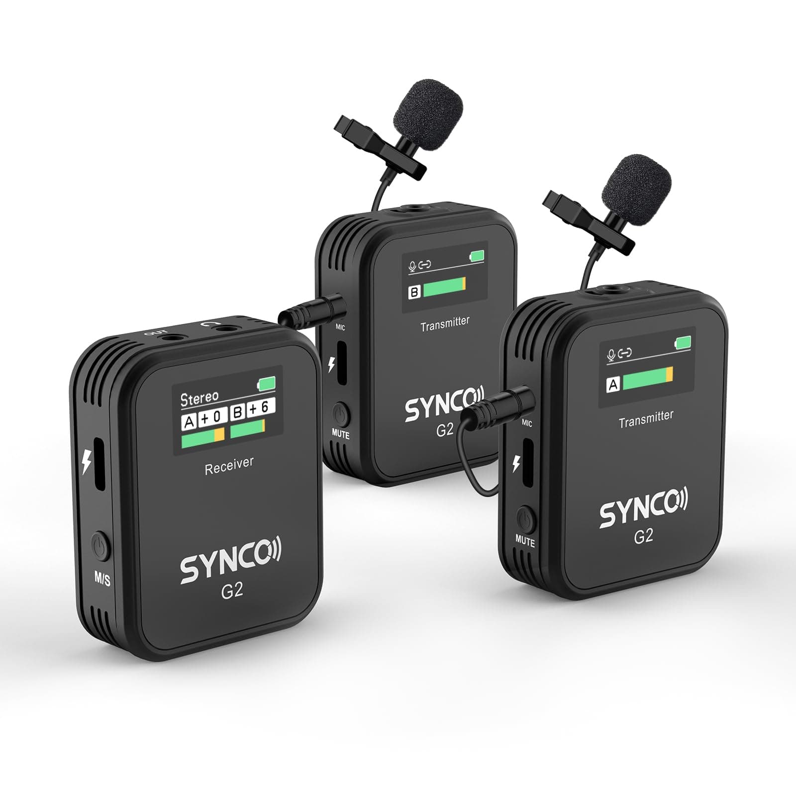 SYNCO G2 (A2) Microfono Lavalier Wireless per Android/Fotocamera/iPhone, Doppio Microfono Clip Senza Fili 2.4Ghz con Riduzione del Rumore e Display TFT 200m per DSLR YouTube Live Streaming Vlogging