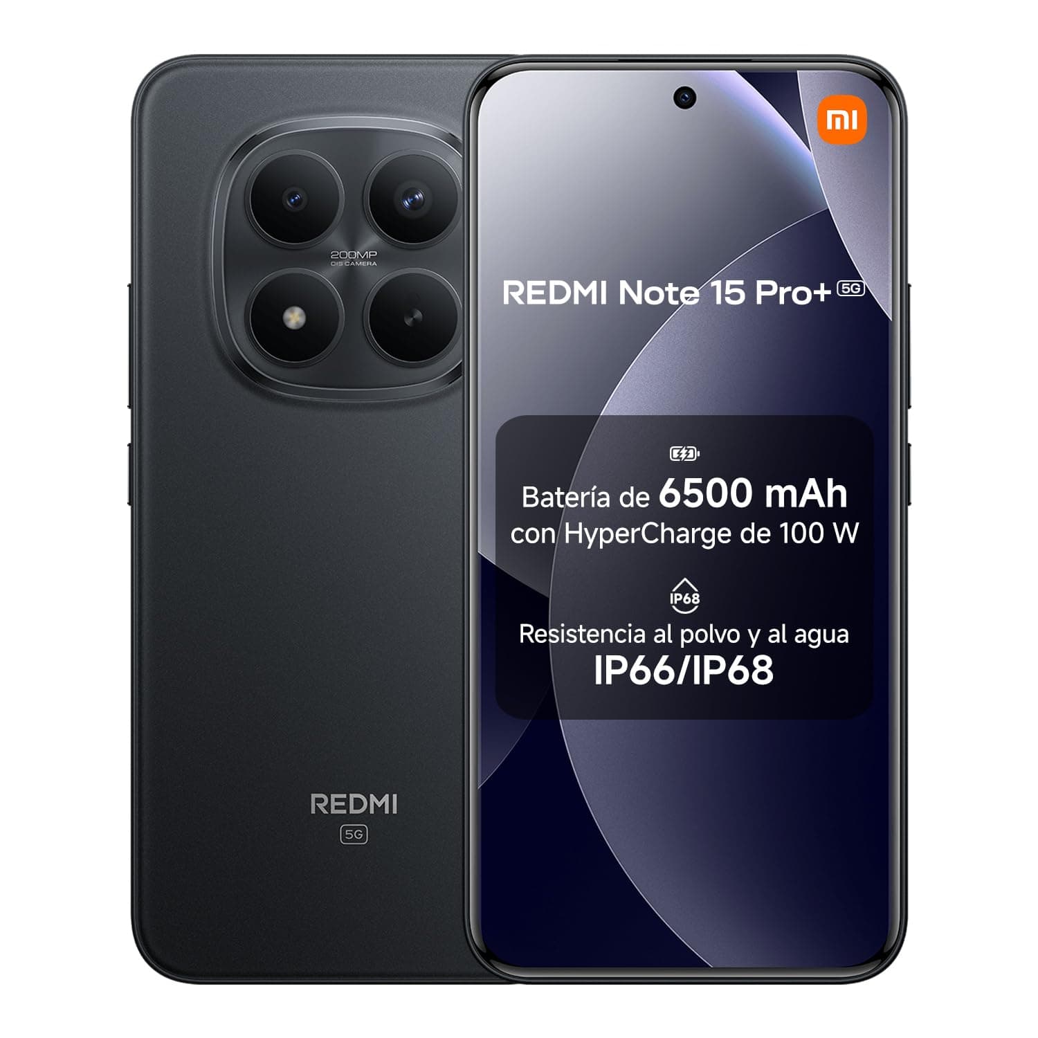 XIAOMI REDMI Note 15 Pro+ 5G - Smartphone de 8+256GB, Pantalla AMOLED 6,83" 1.5K AMOLED, Snapdragon 7s Gen 4, cámara de 200 MP, Hypercharge 100W, Cargador no Incluido, Negro (Versión ES)